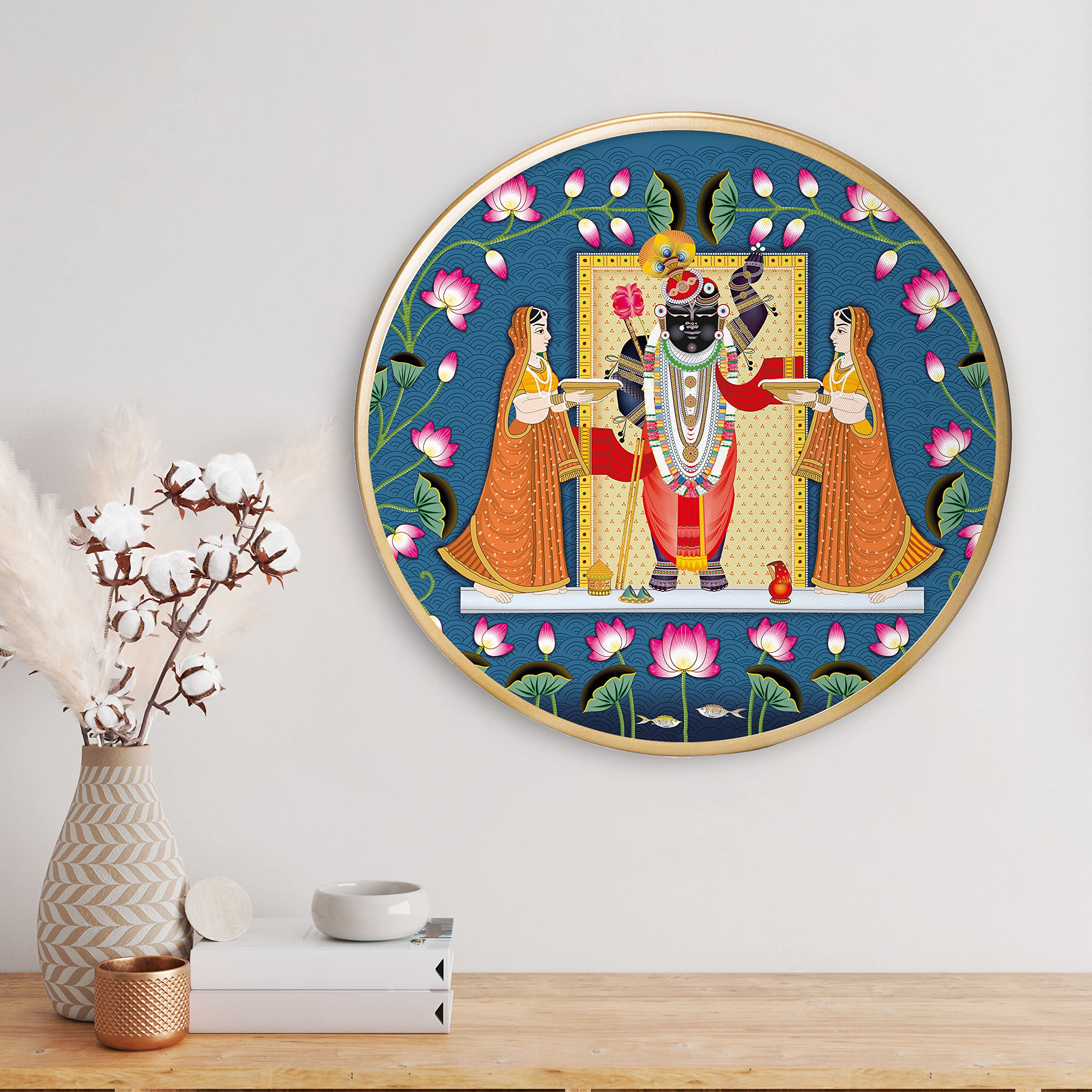UNIQUE GRAPHICS Lord Shreenathji Gold Ring Framed Canvas Painting 12 Inch X 12 Inch For Home, Office, Drawing Room,Kitchen WallD