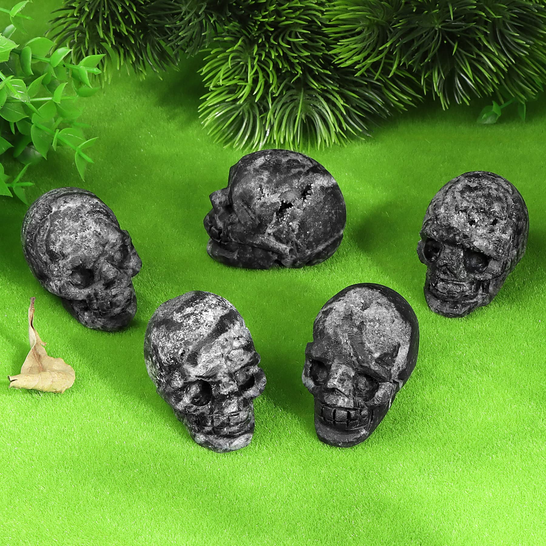 Artistone 2.0 Black Geodes Crystal Skull Head Statue Gemstone Human Head Skeleton Figurines Collectible Sculpture for Home Hallo