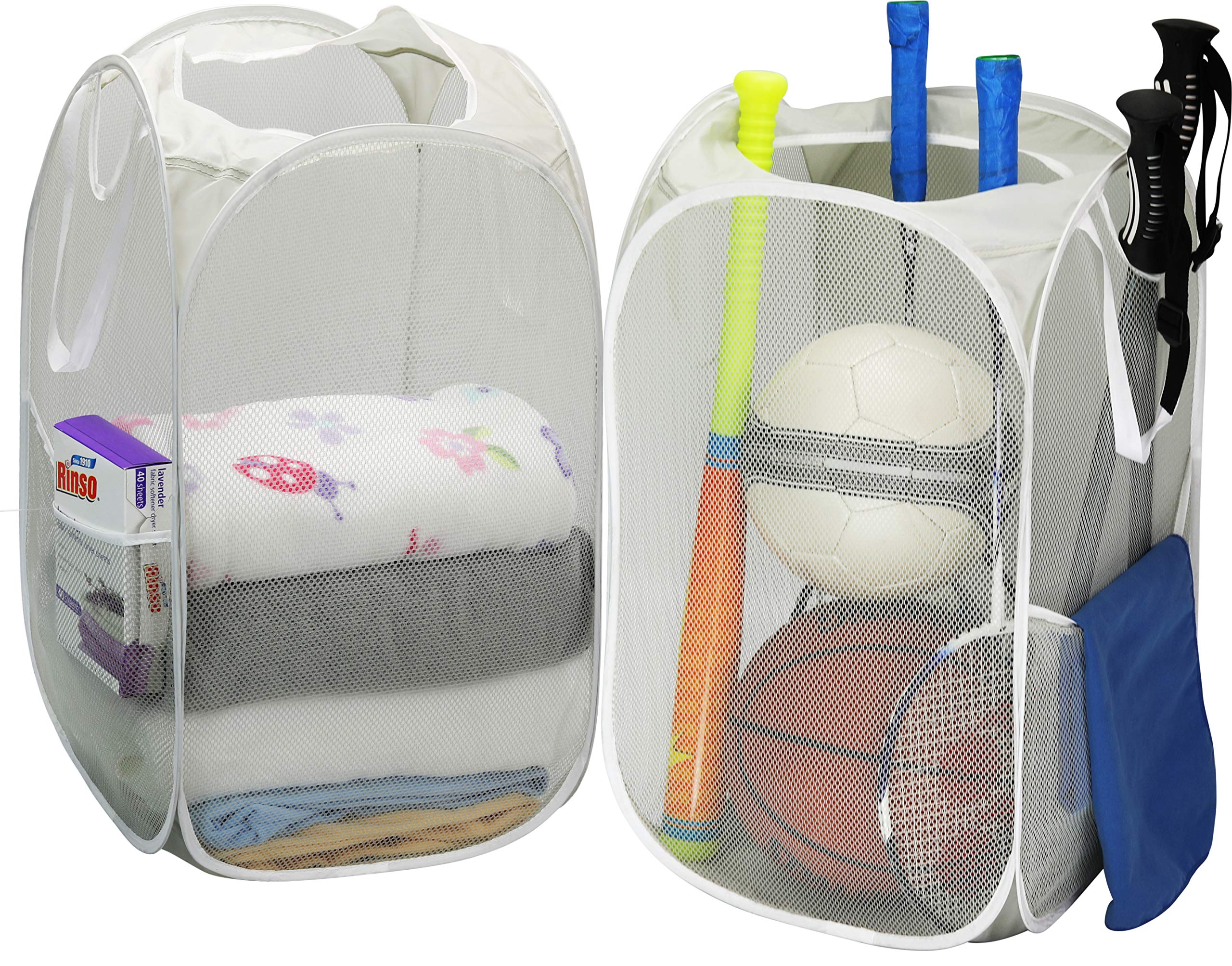 Simple Houseware Mesh Pop-Up Laundry Hamper Basket With Side Pocket, Gray - 2 Pack