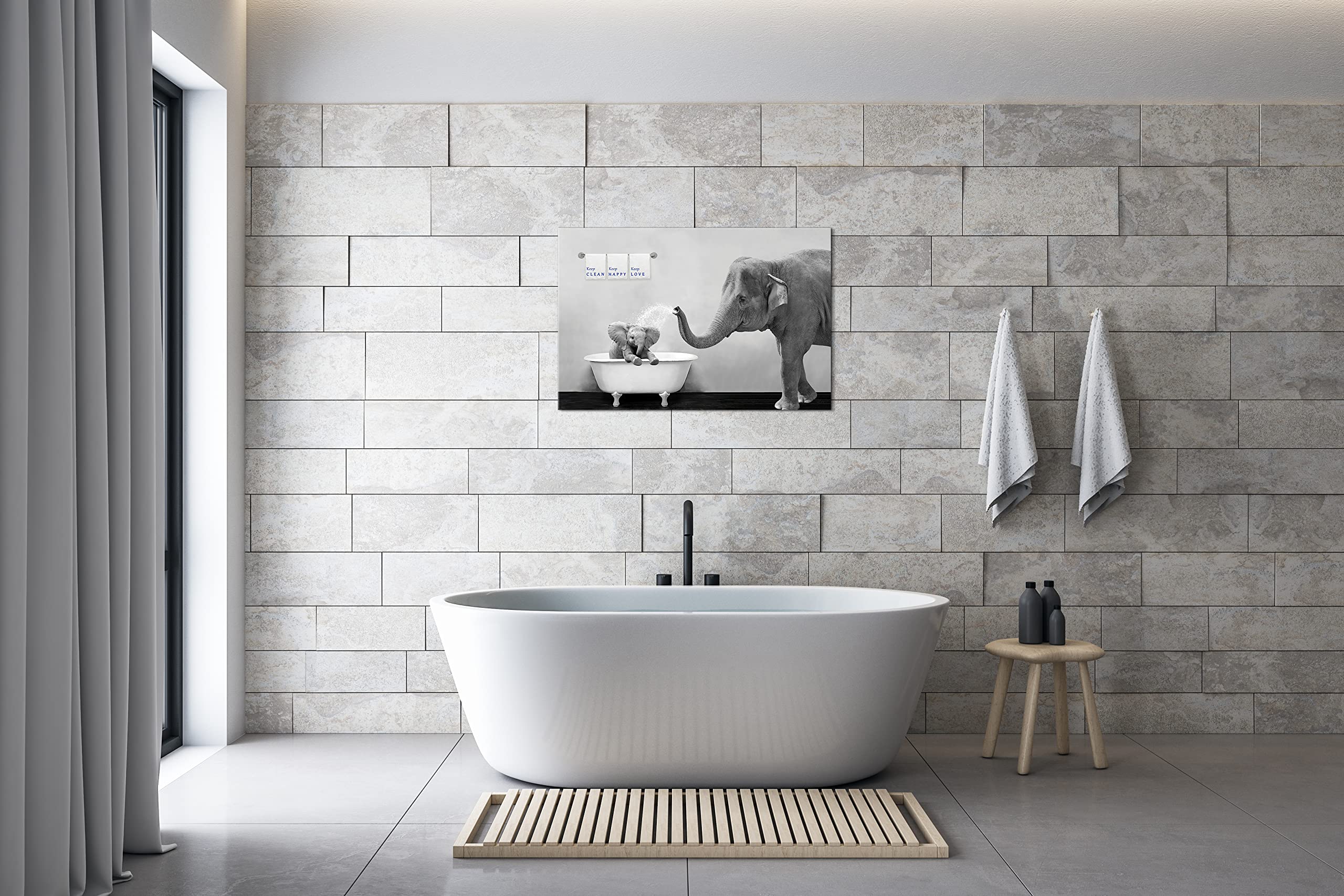 Piy Painting Elephant Bathroom Decor Wall Art, Funny Canvas Prints Of Mother And Child Playing Water In Bath Crock, Warm Bathtub