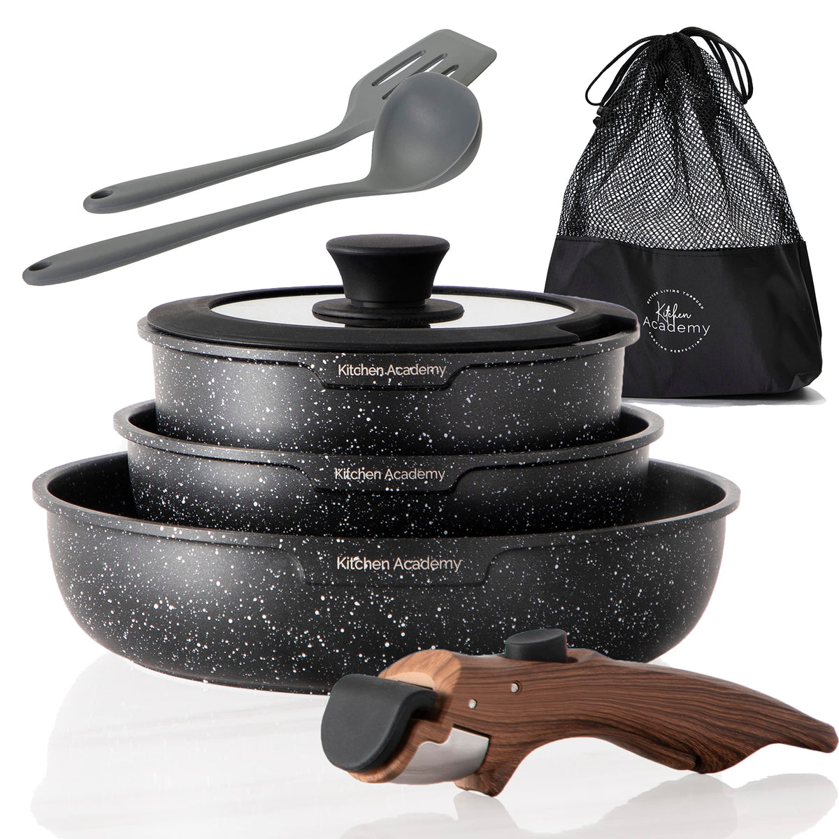 Kitchen Academy Detachable Handle Induction Cookware Sets - 10 Piece Non-stick Cooking Pots and Pans, Black Granite Stackable RV