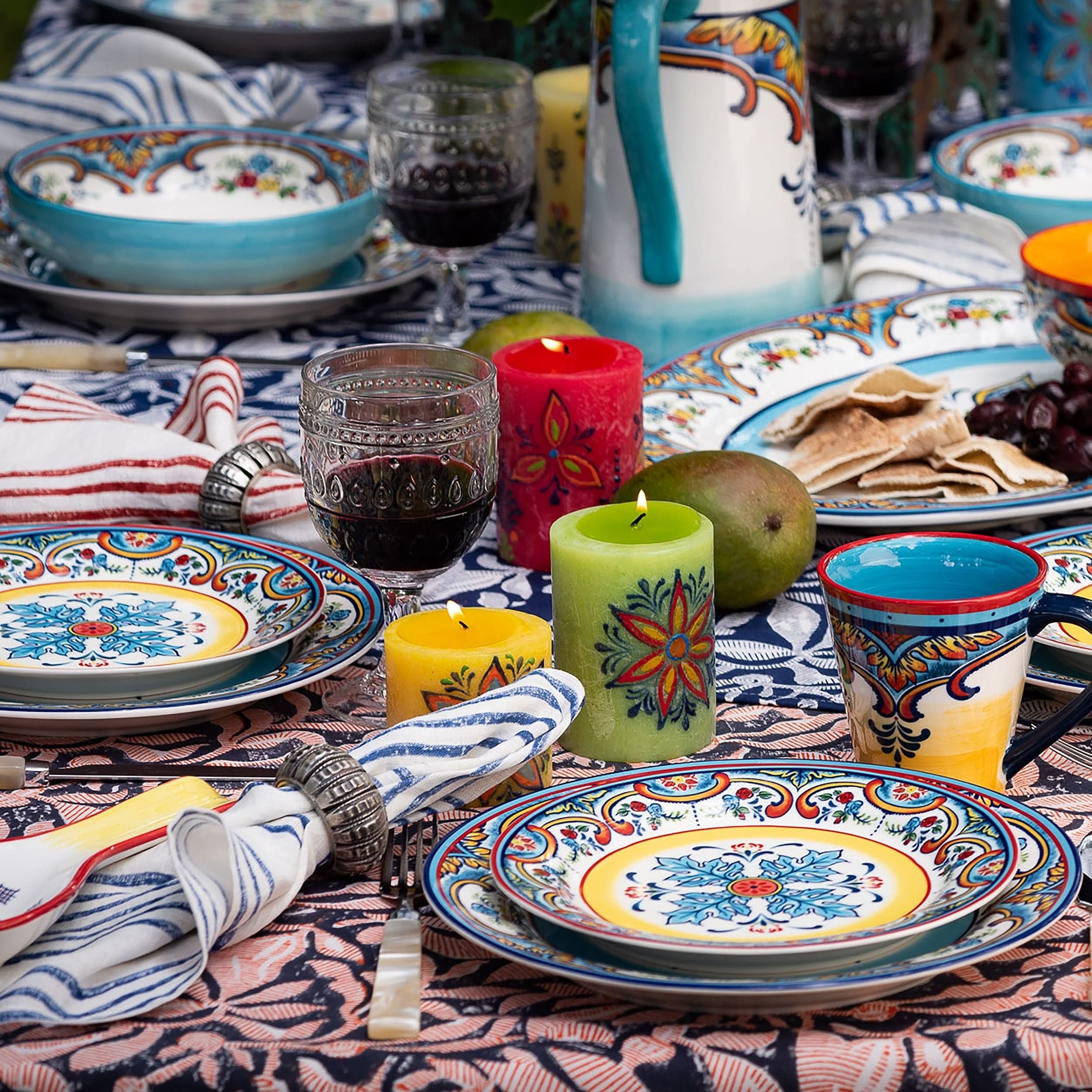 Euro Ceramica Zanzibar Collection Vibrant 20 Piece Oven Safe Stoneware Dinnerware Set, Service For 4, Spanish Floral Design, Mul