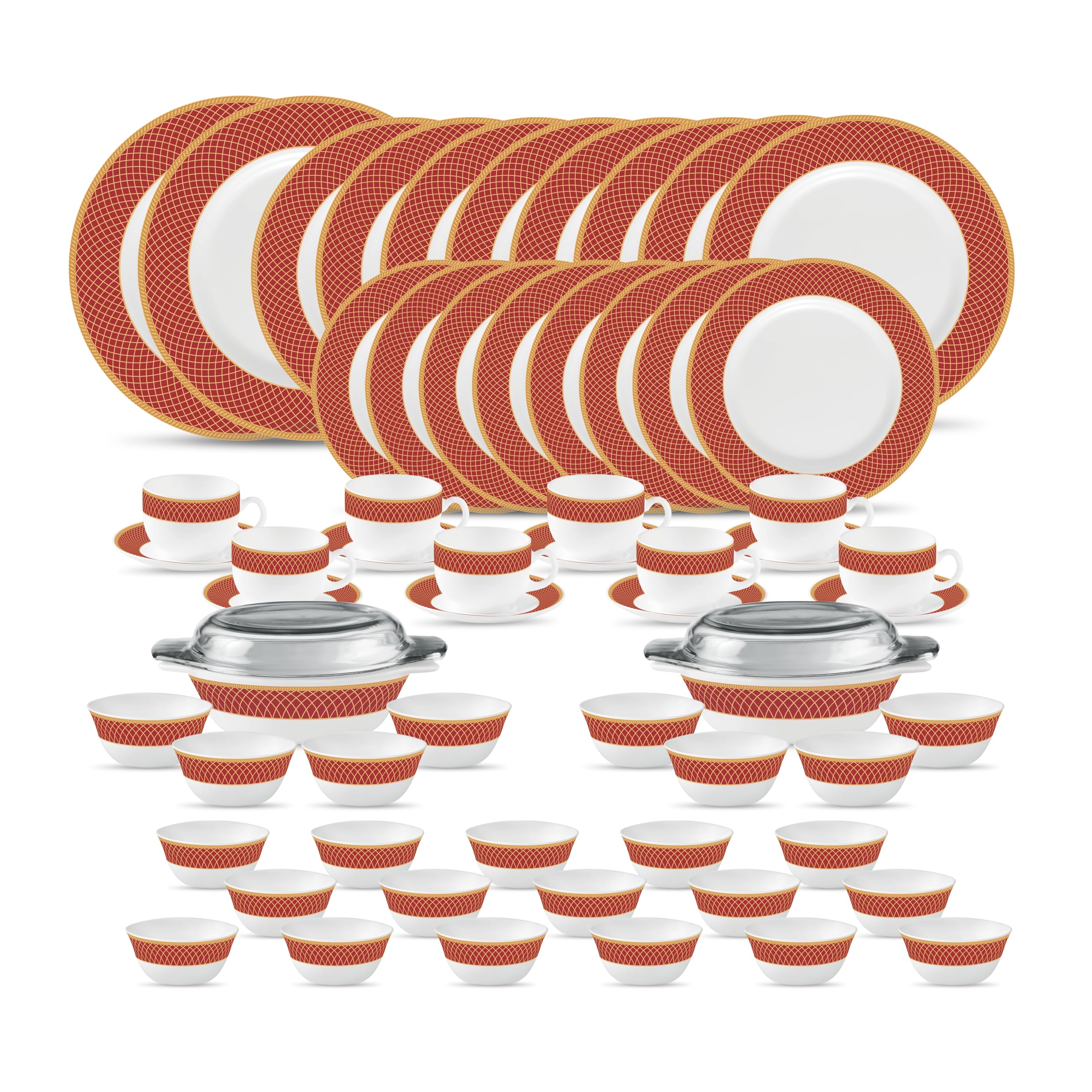 La Opala Diva Sovrana Collection Opal Glass Crockery | For Family Of 8 | Dinner Set 62 Pcs Regent Red | Plates & Bowls For Dinin