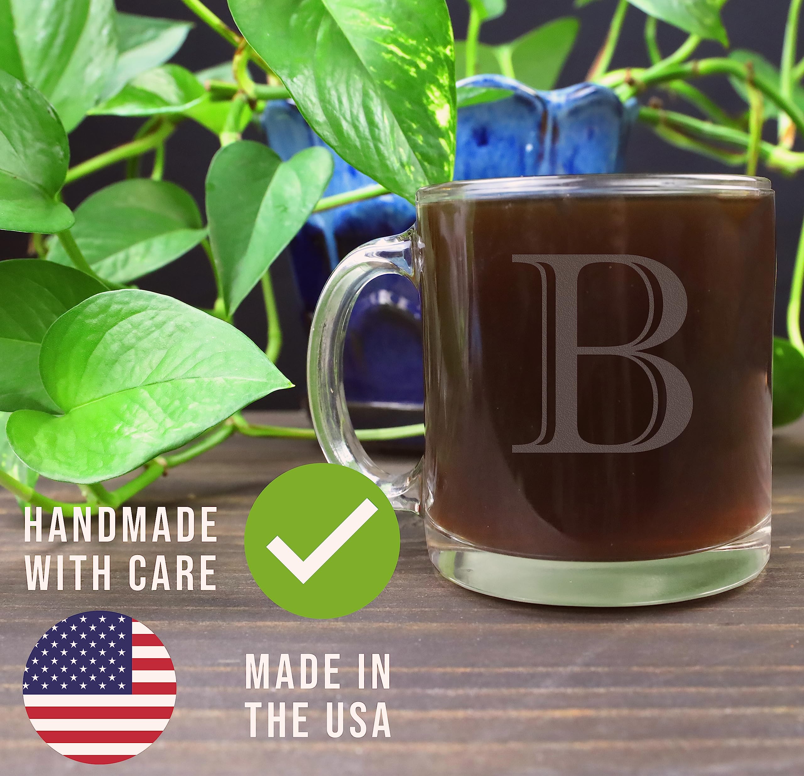 Spotted Dog Company Etched Monogram 12Oz Clear Glass Coffee Mug (Letter B), A-Z Customized Coffee Gifts For Coffee Lovers, Custo