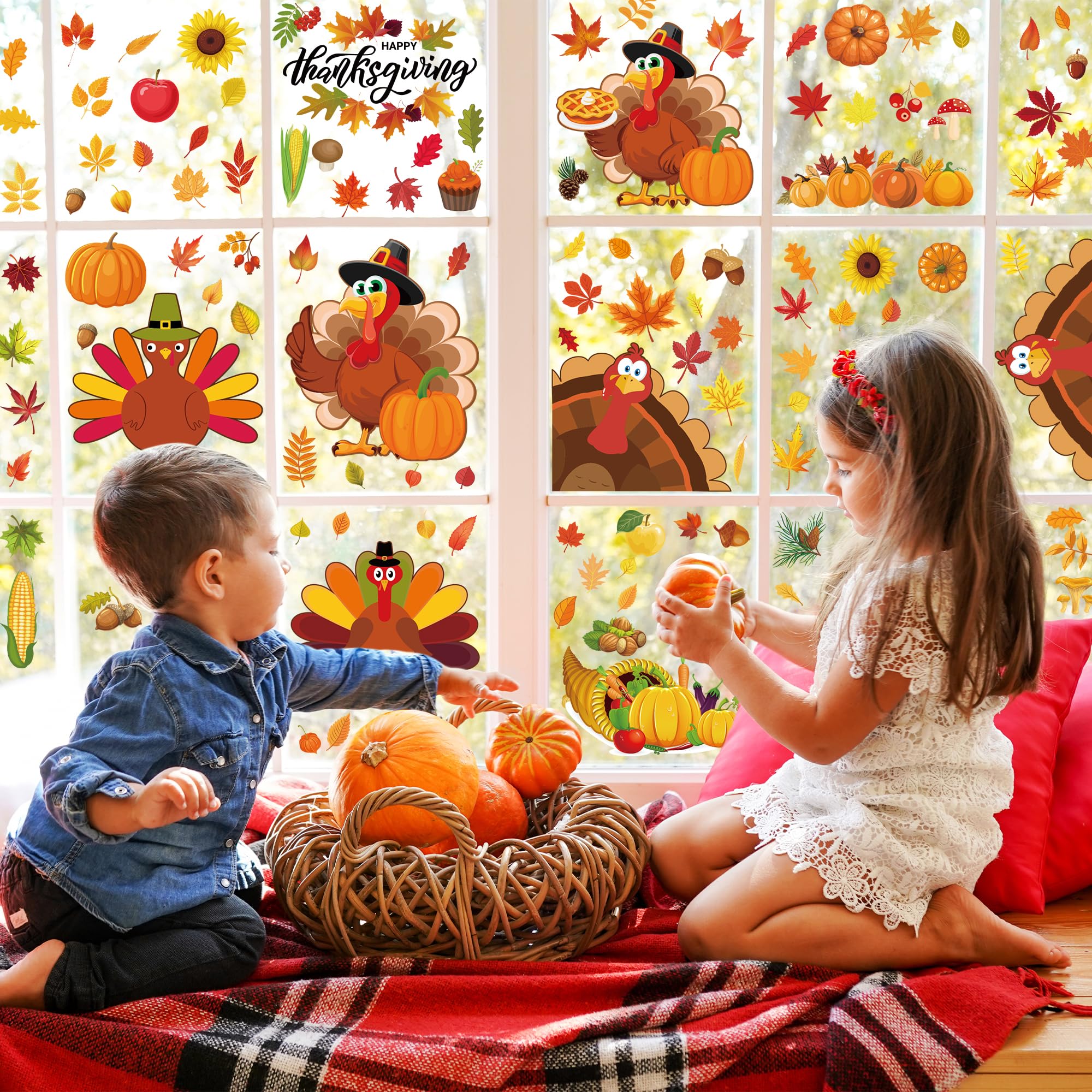 9 Sheets Thanksgiving Window Clings, 115PCS Thanksgiving Decorations Window Stickers, Turkey Decal Stickers with Cute Cones Nuts