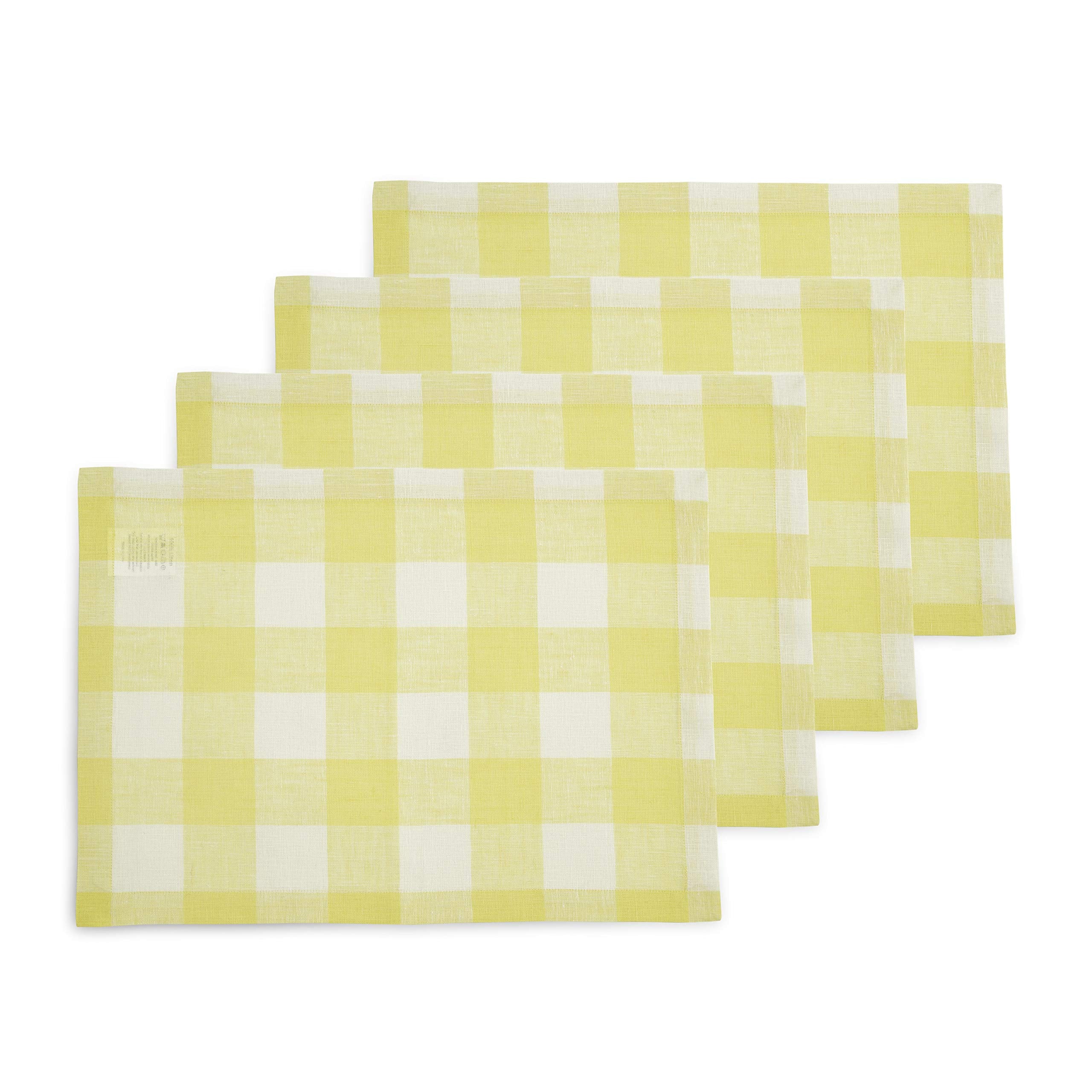 Solino Home Buffalo Check Linen Placemats 19'' L X 14'' W Inch - 100% Pure Linen Yellow And White Plaid Cloth Placemats Set Of 4