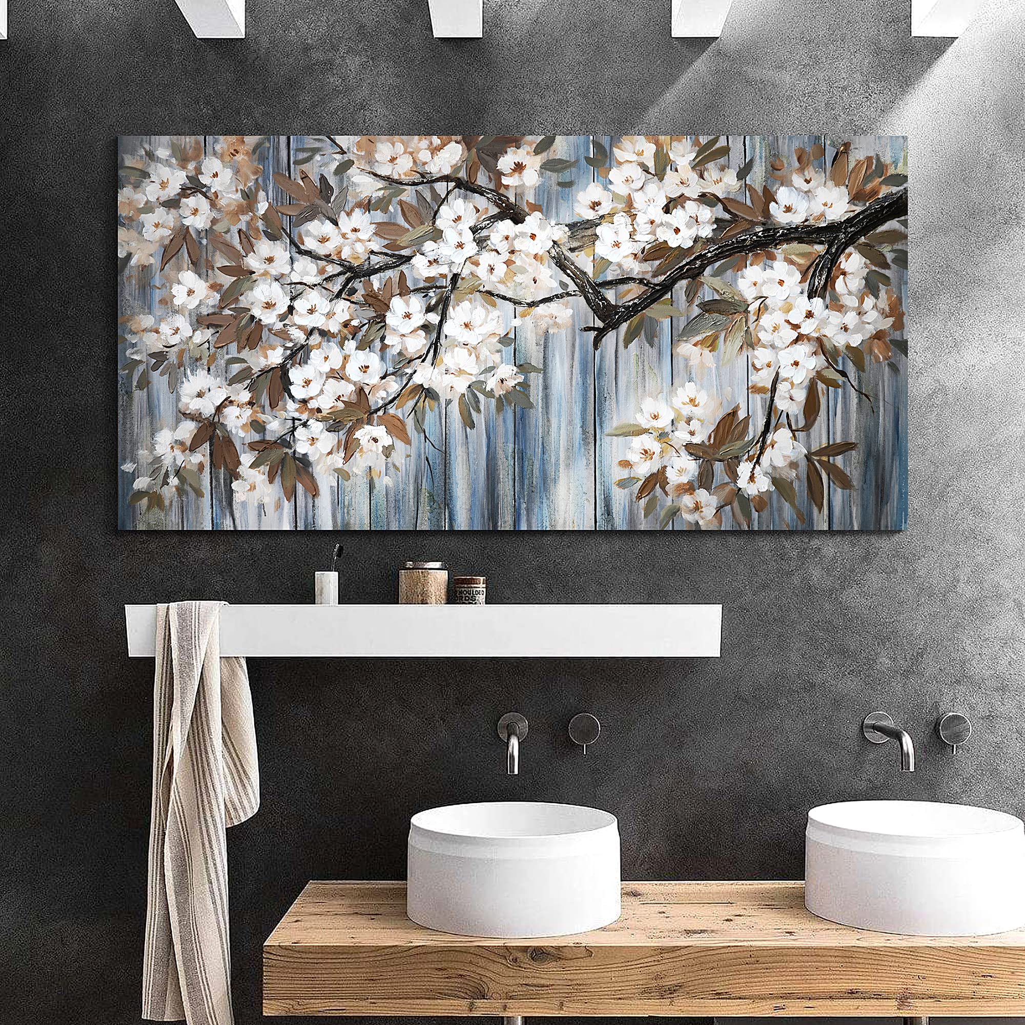 Large Canvas Wall Art For Living Room Wall Decor Abstract White Flower Tree With Gray Driftwood Picture Modern Framed Canvas Pri