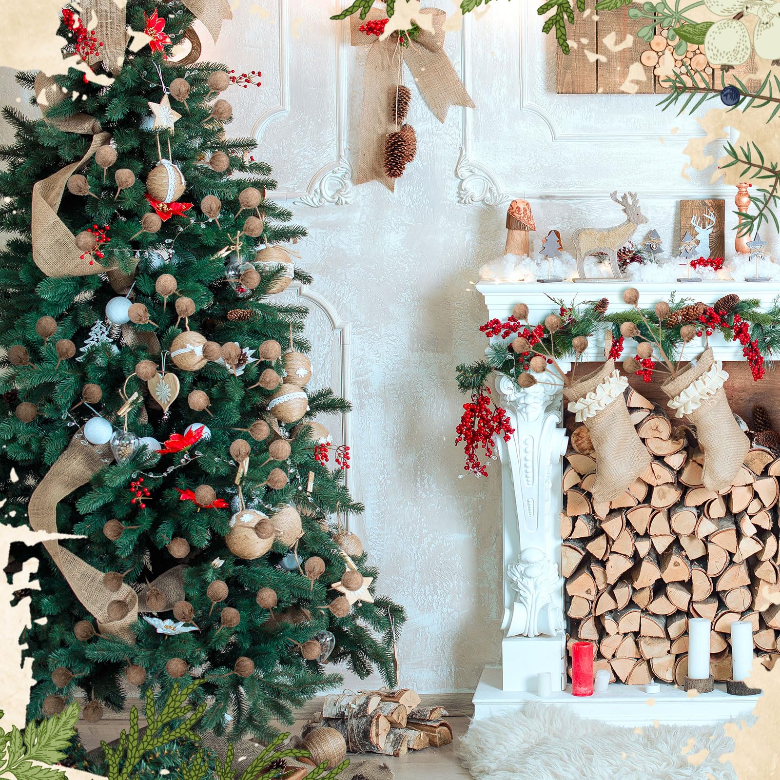 Tigeen 6 Pcs Burlap Spheres Ball Pick Farmhouse Christmas Tree Decoration Rustic Christmas Tree Ornaments Topper DIY Crafts Xmas