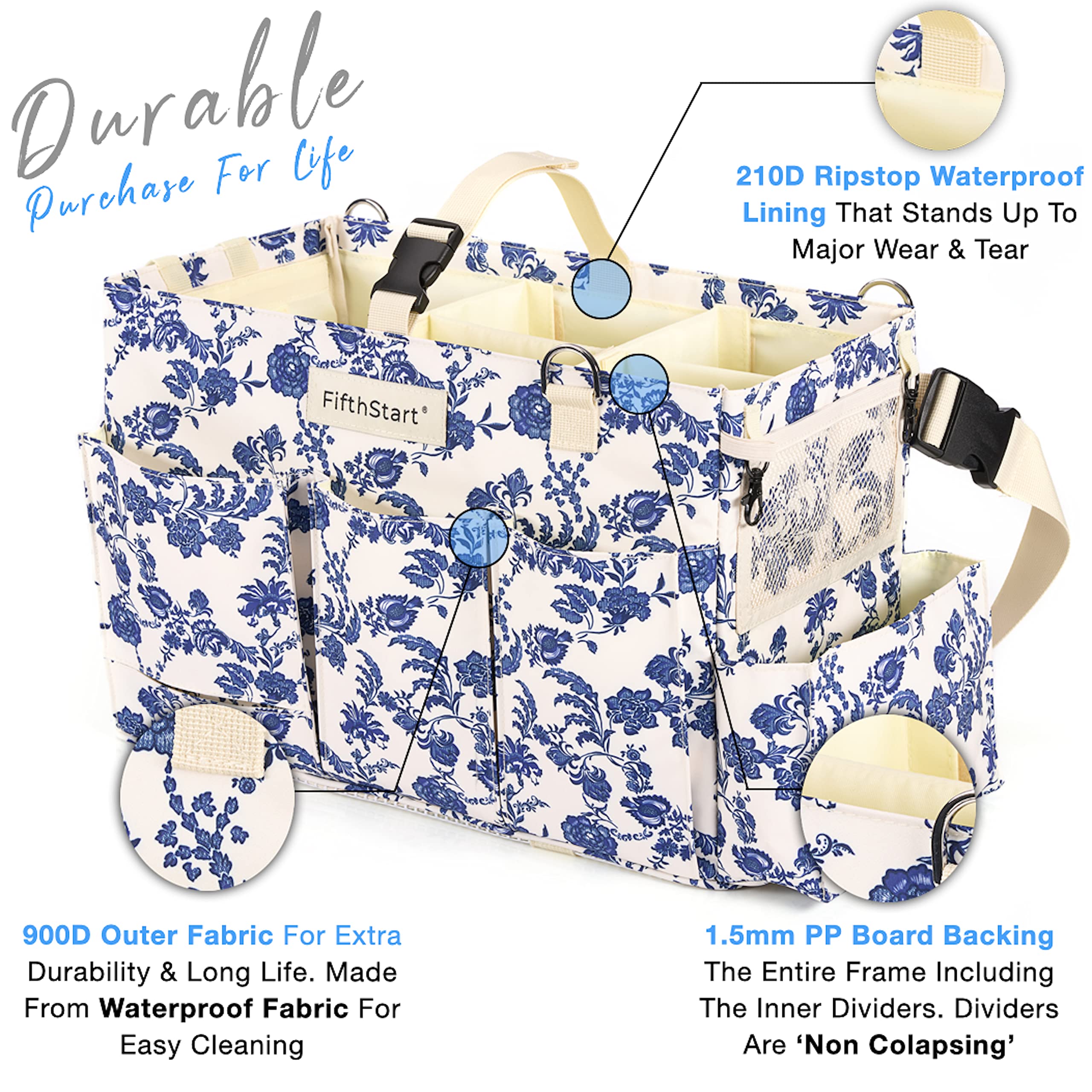 FifthStart Wearable Cleaning Caddy  A Cleaning Supplies Organizer With 4 Corner Shoulder Strap & Removable Waist Strap. Professional Cleaning Caddy Organizer With Handle: (Blue Floral  Large)