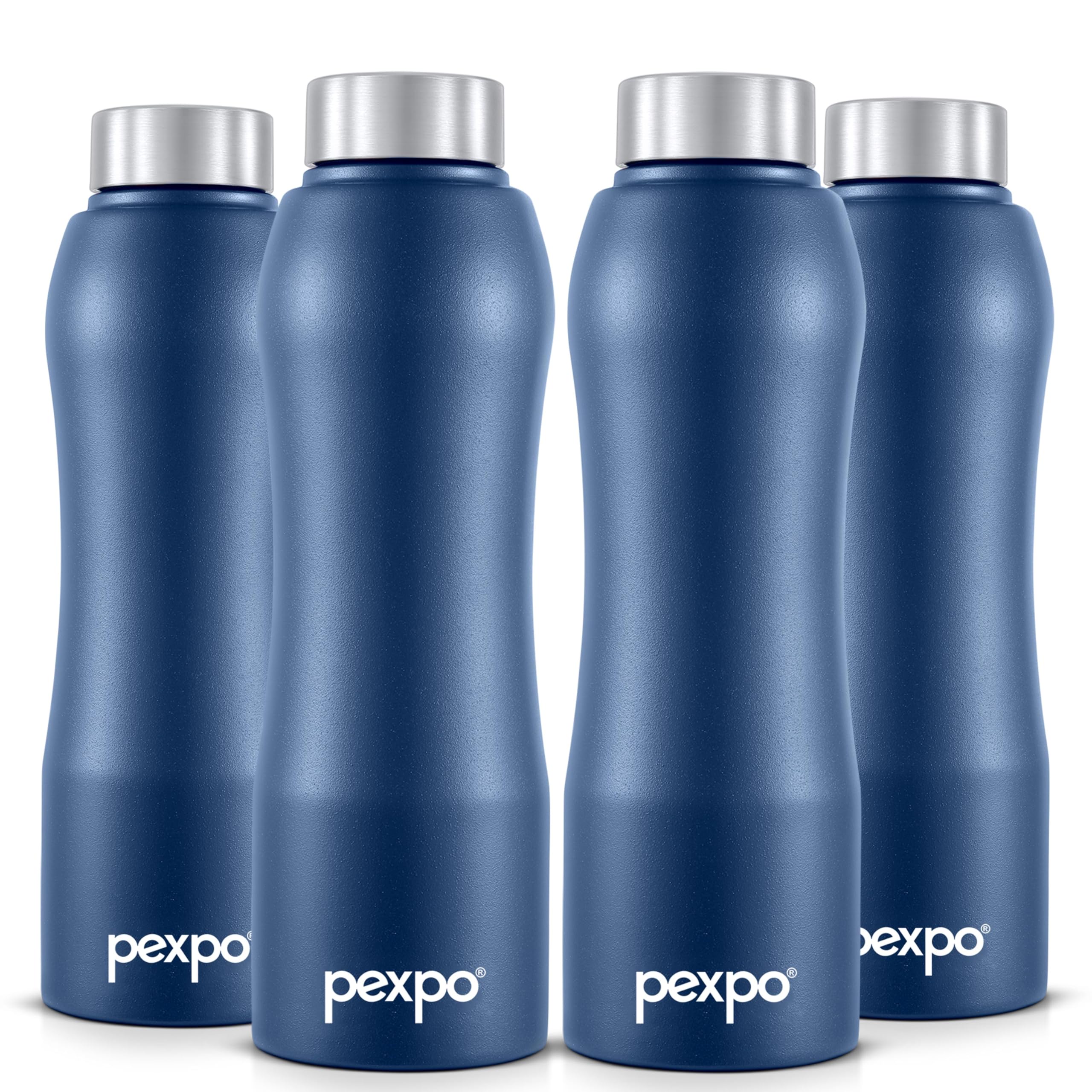 Pexpo Bistro Isi Certified Stainless Steel Fridge/Sports Water Bottle 1 Litre, Denim Blue, Pack Of 4| Single Walled|Easy Grip|Le