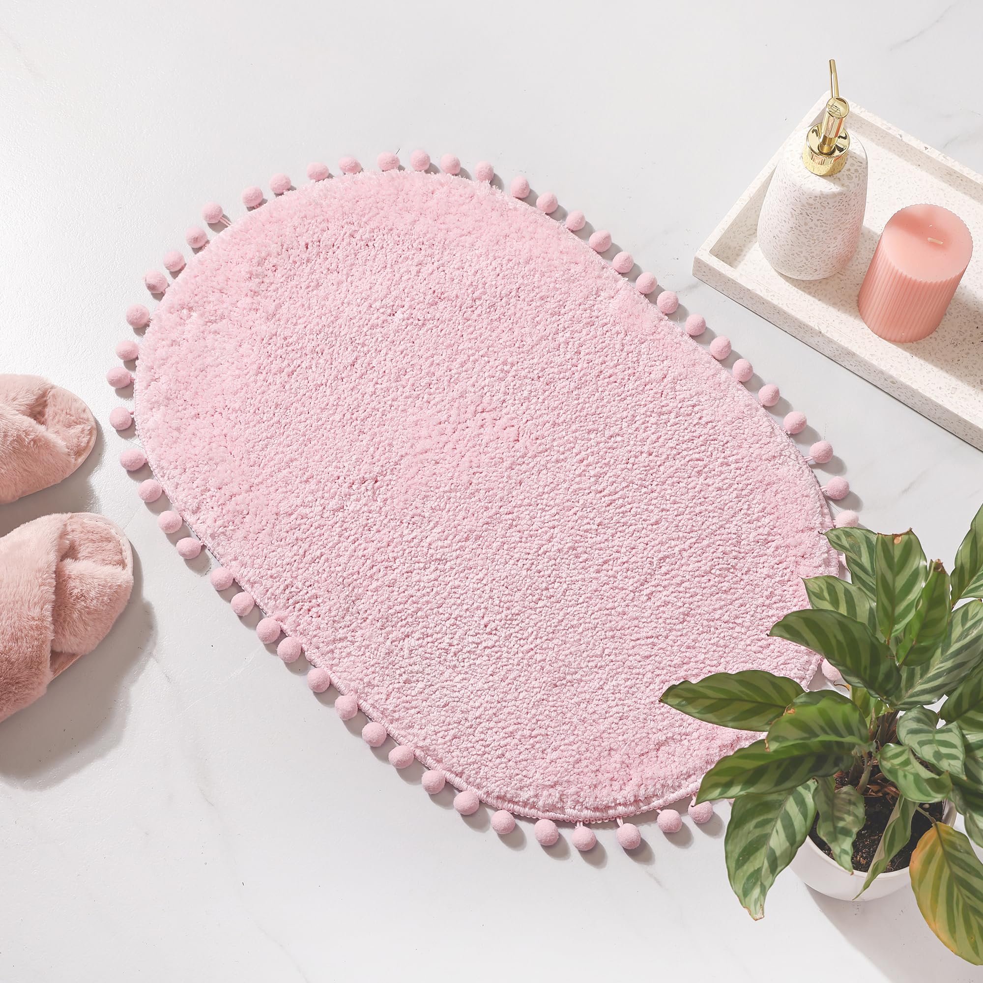 Yirddeo Bath Mat Pink Rug With Pom Oval Bathroom Rugs For Bedroom Non Slip Cute Boho Absorbent Mats Soft Plush Washable Rug (20