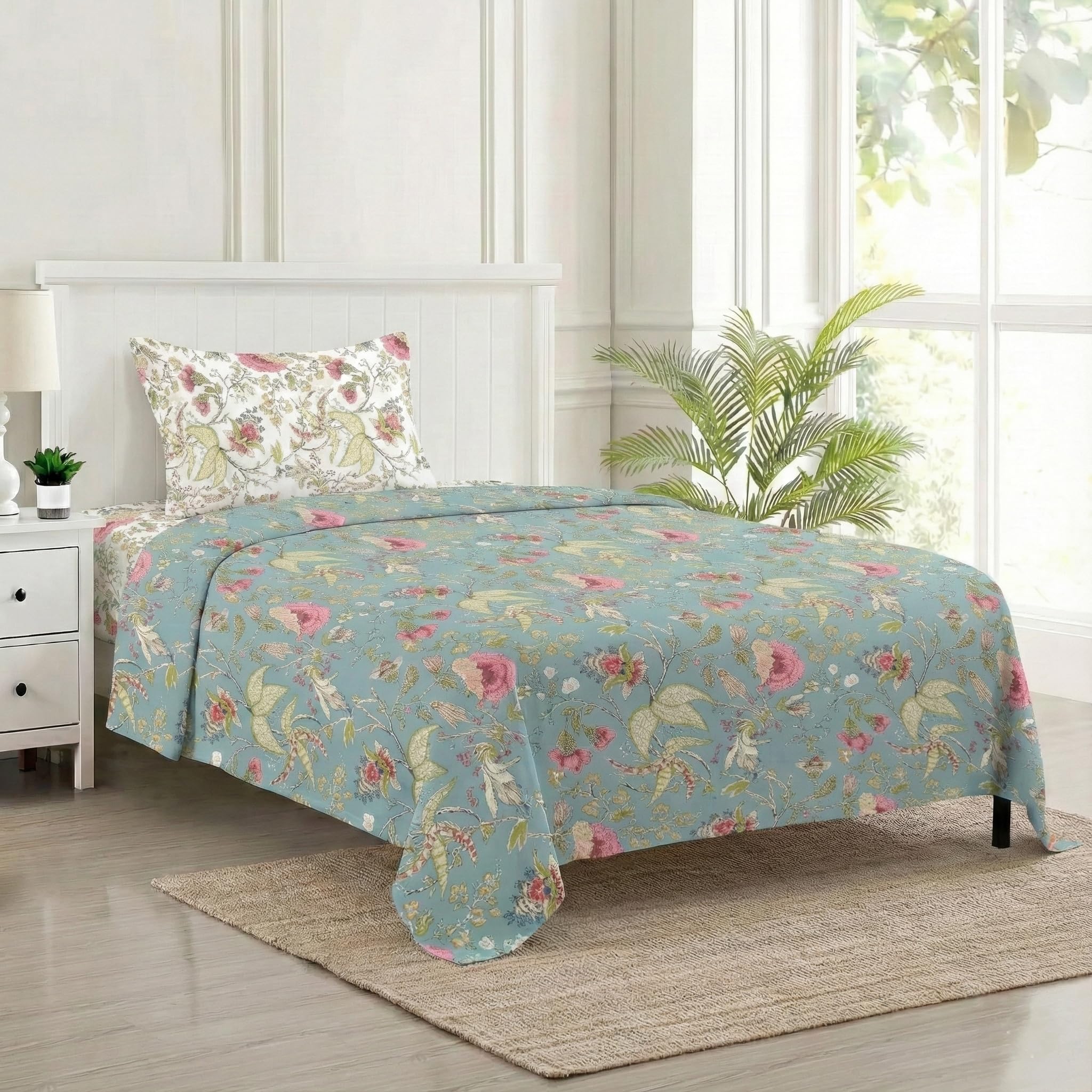 Trance Home Linen 180 Tc | 100% Cotton Anti Fade Bedsheet For Single Bed |Rotary Printed Single Flat Bedsheet With 1 Pillow Cove