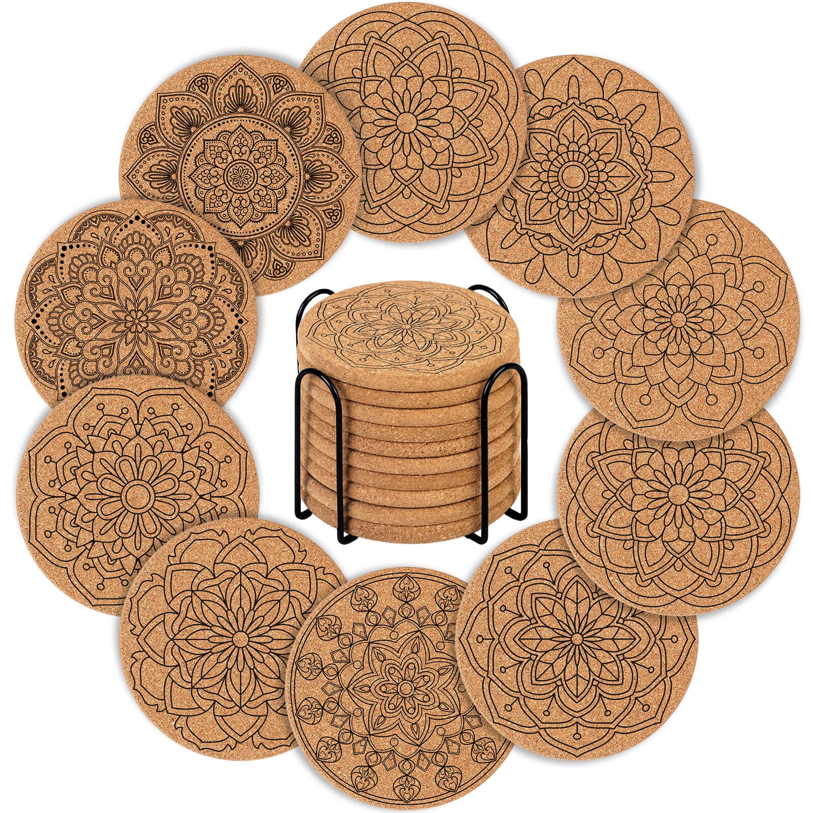 10 Pieces Cork Coasters For Drinks, Billbotk Cup Coasters With Holder For Coffee Table Tabletop Protection, Home Decor, Suitable