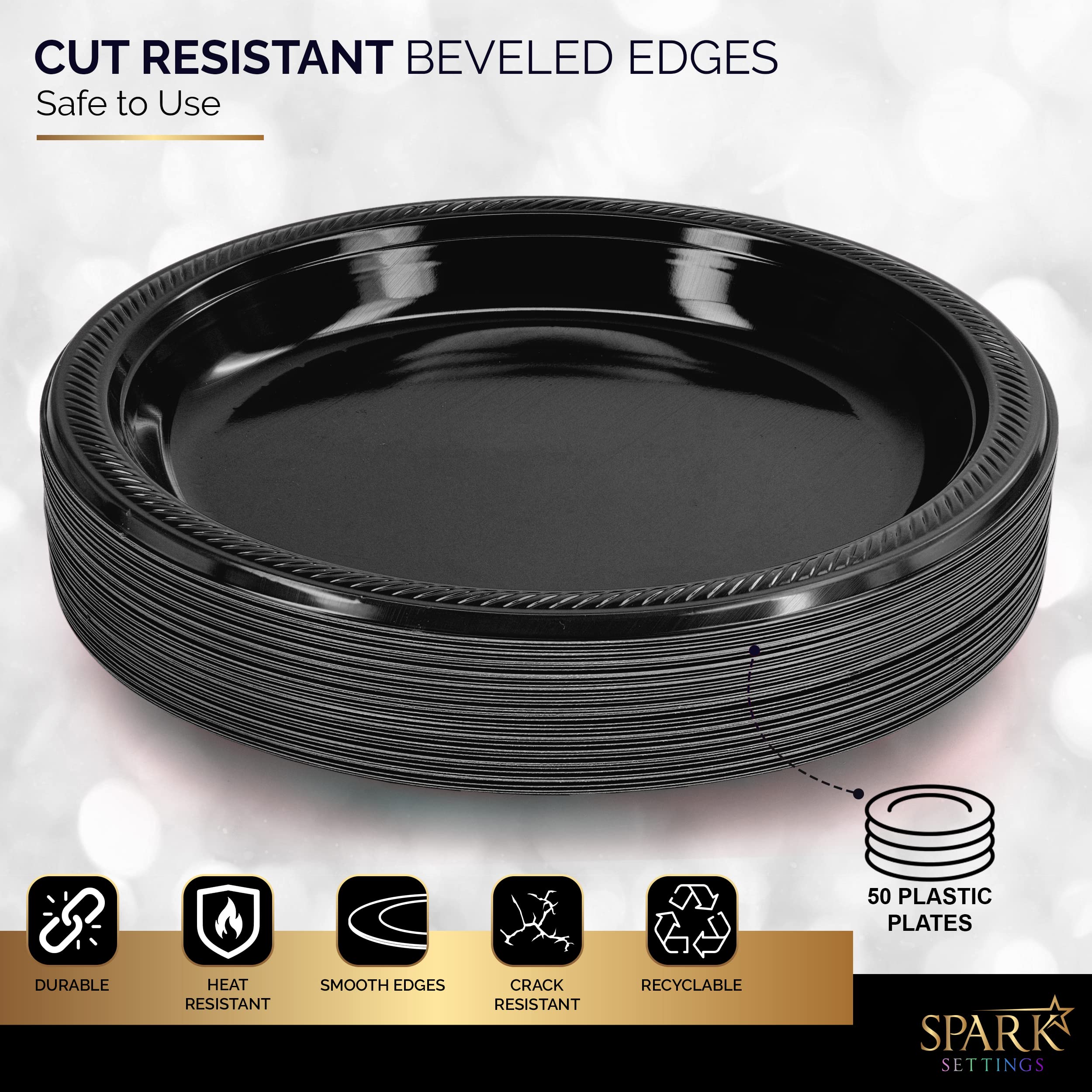 Amcrate Disposable Plastic Plates Black  10.4 Inches Plastic Dinner Plates  Strong and Sturdy Disposable Plates for Party  Dinner  Holiday  Picnic  or Travel Party Plates  Pack of 50