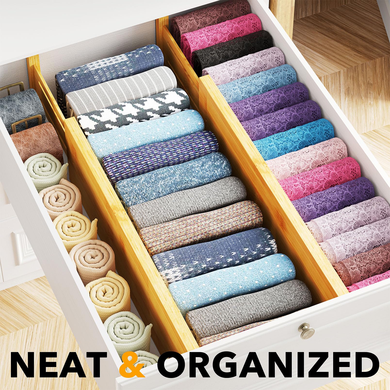 SpaceAid Bamboo 4 Pack Dresser Drawer Dividers, 4.65 High Adjustable 17-22    Drawer Organizers, Expandable Organization for Clo