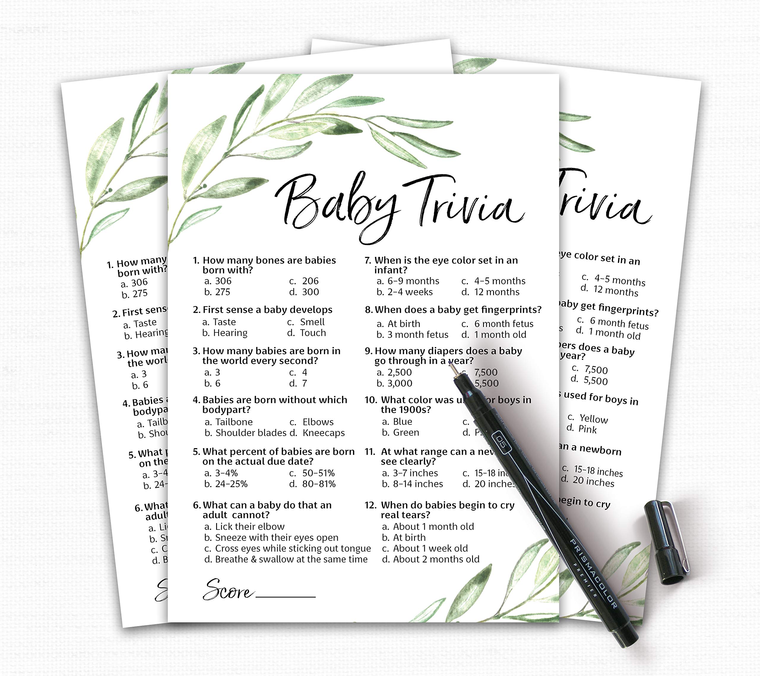 Greenery Baby Shower Game - Baby Trivia Games - Pack Of 25 - Fun Baby Facts Games, Floral, Green, Olive Branch Baby Shower Activ