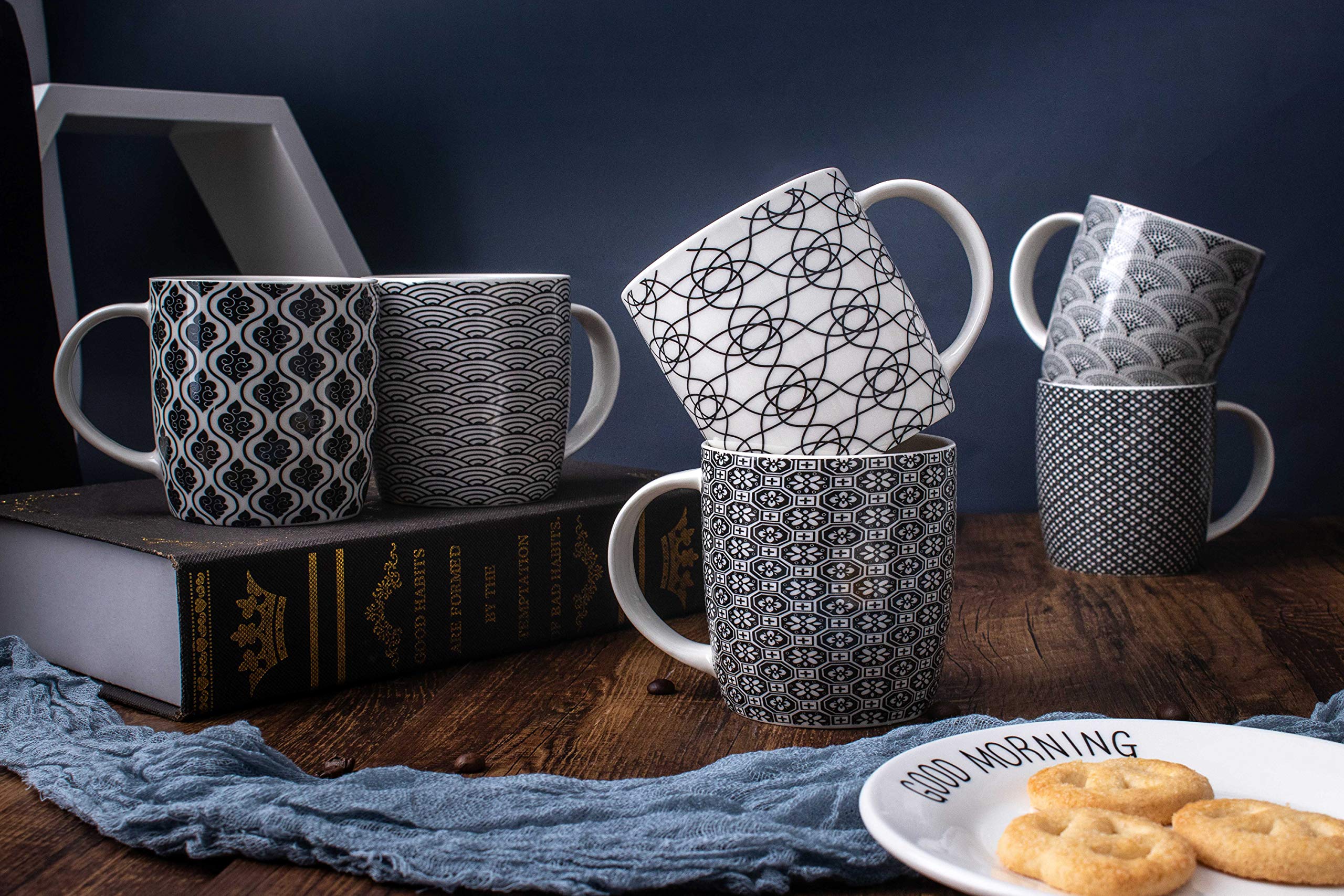Machuma Set Of 6 11.5 Oz Coffee Mugs With Black And White Geometric Patterns, Ceramic Tea Cup Set