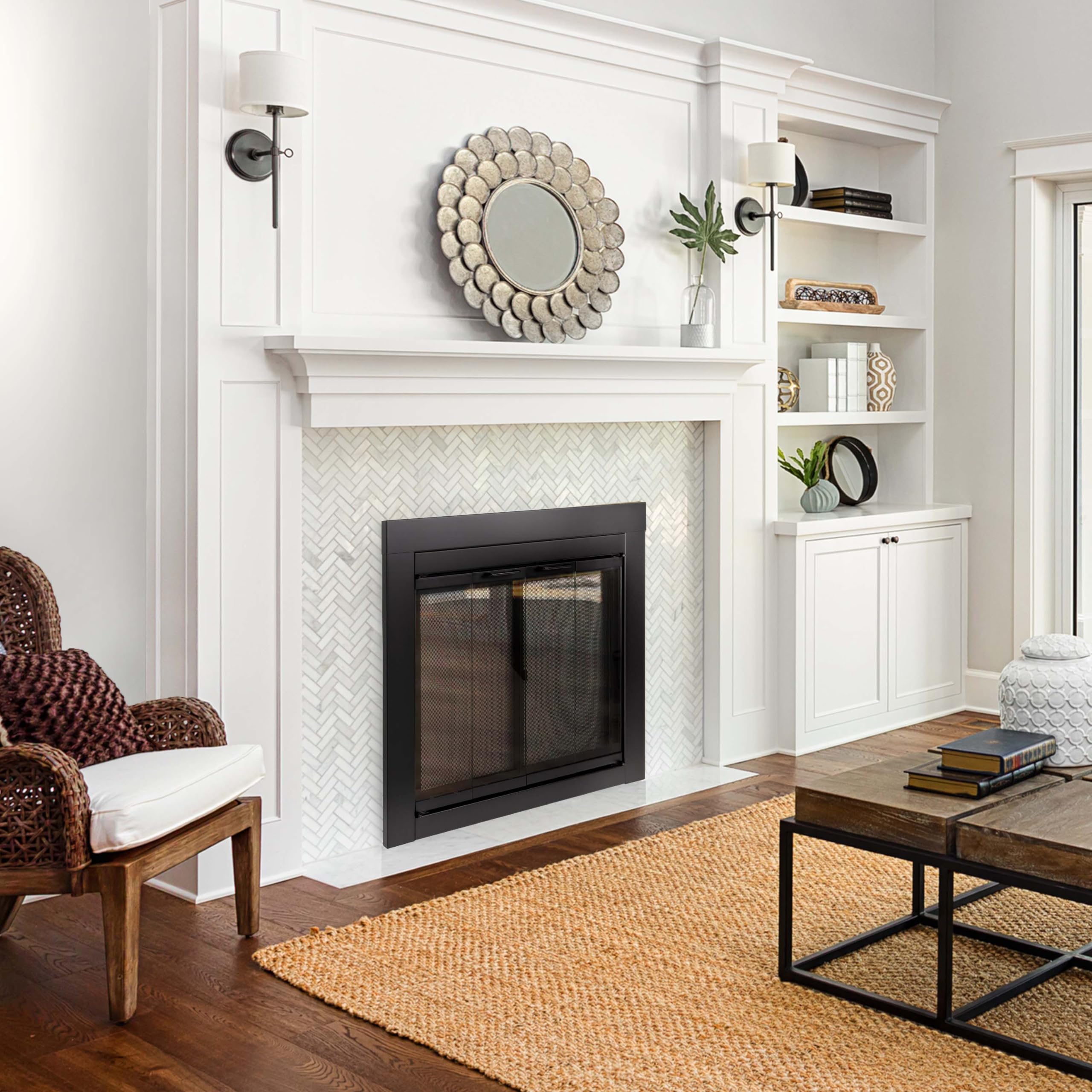 Pleasant Hearth At-1002 Ascot Fireplace Glass Door, Black, Large