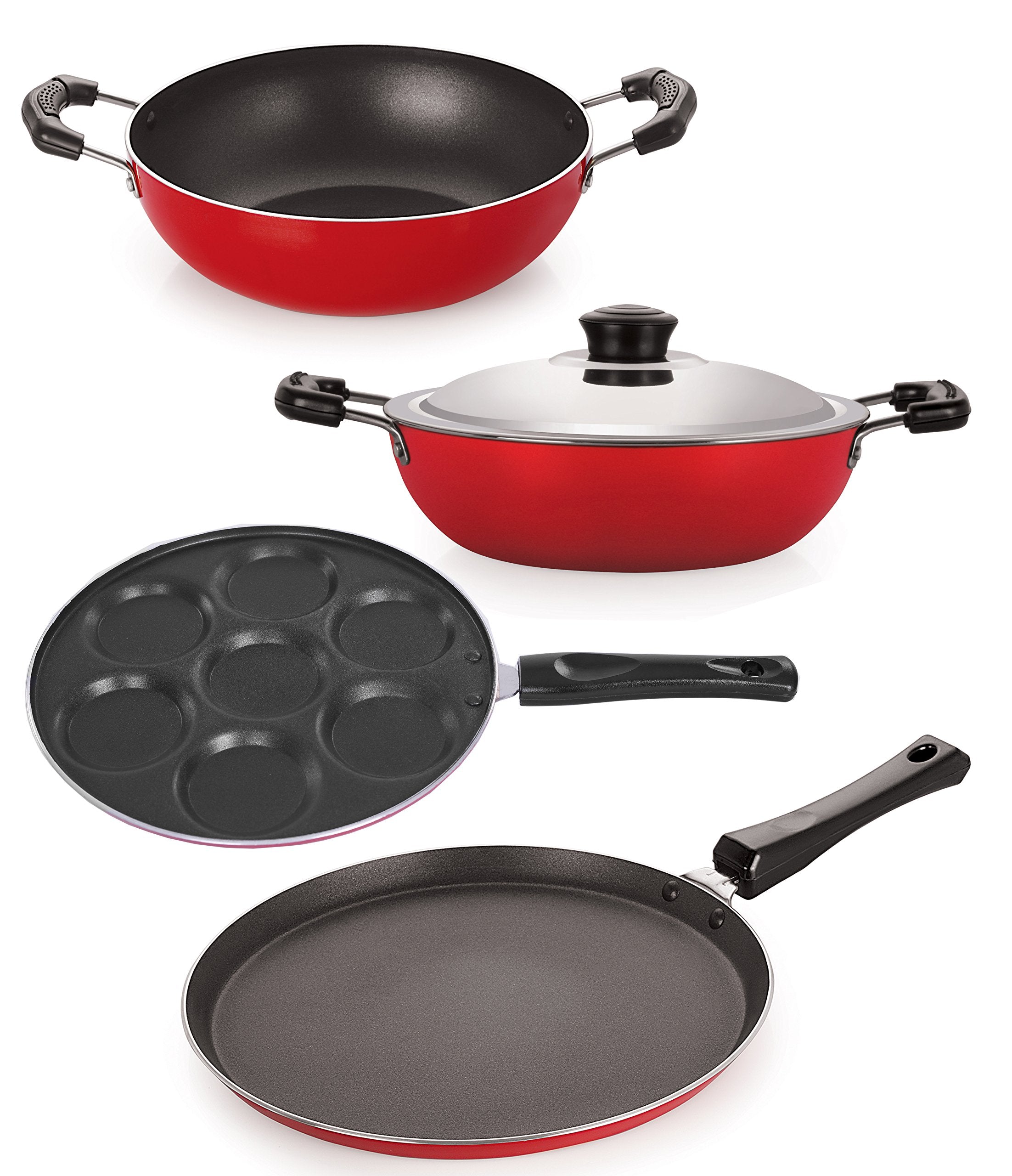 Nirlon NonStick Aluminium Cookware Set, 4Pieces, Red (26_Ft13_Kd14_Dkdm_Up)