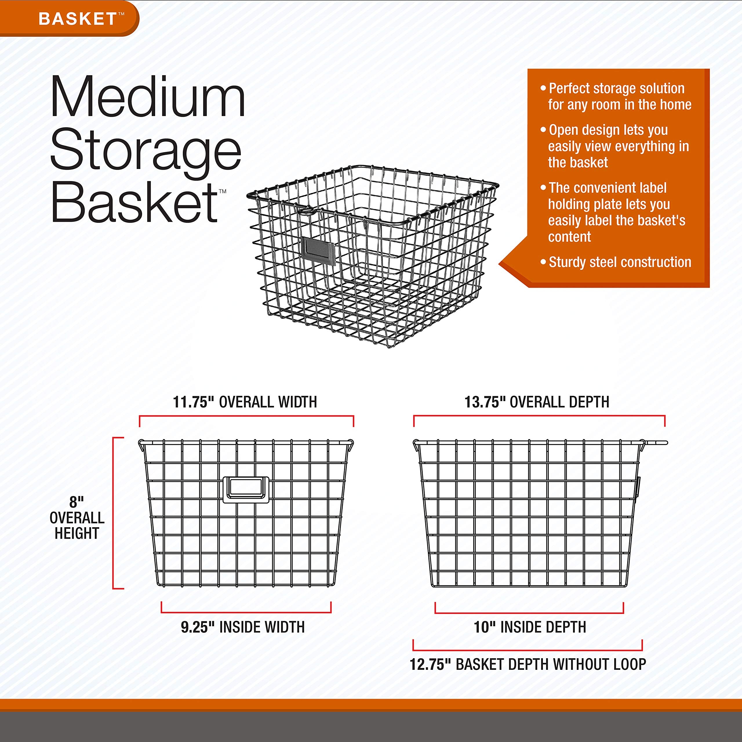 Spectrum Diversified Wire  Vintage Locker Basket Style  Rustic Farmhouse Chic Steel Storage for Closets  Pantry  Kitchen  Garage  Bathroom & More  Medium  Pack of 1  Black