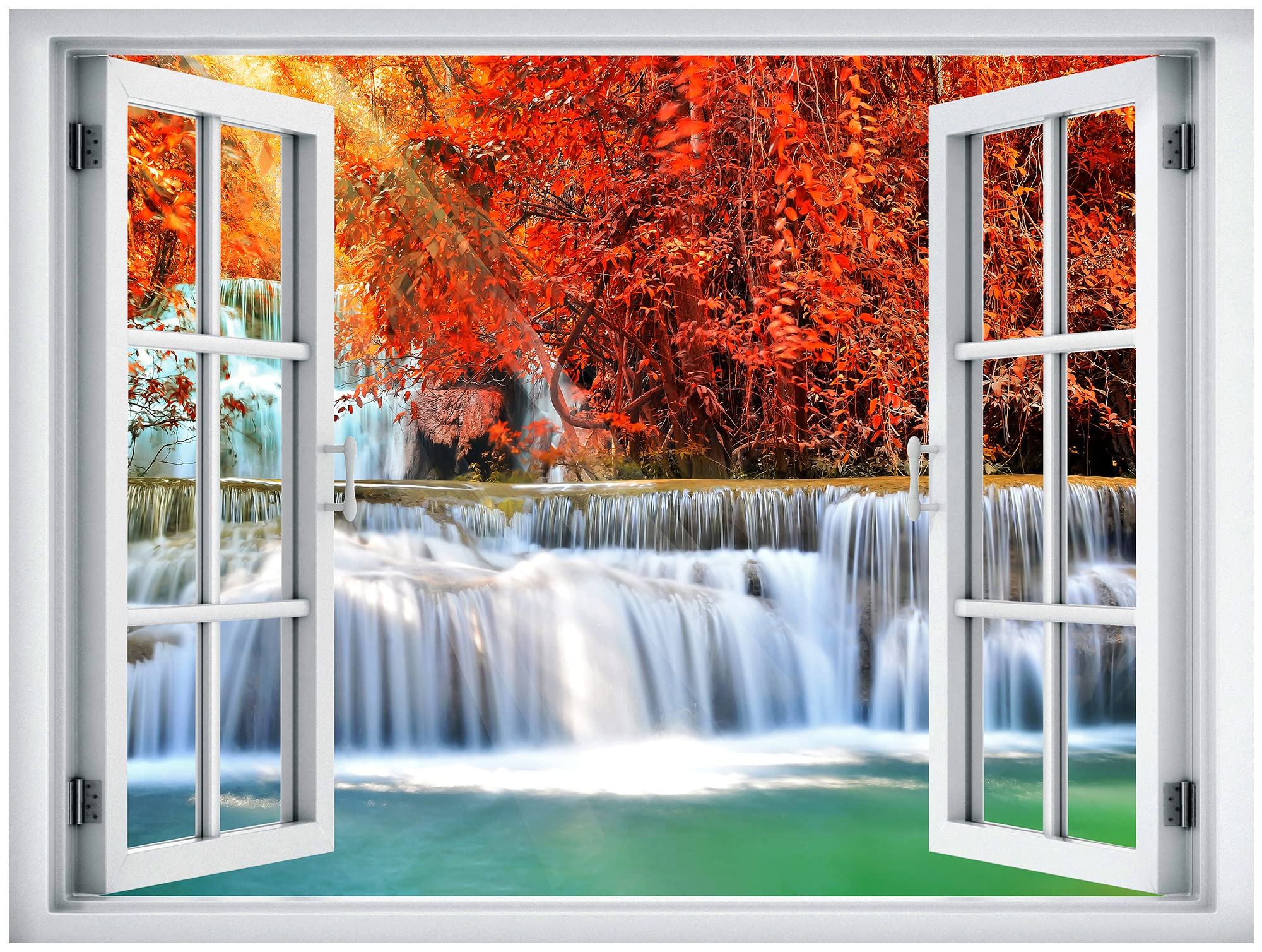 Wall26 Removable Wall Sticker/Wall Mural Window View Vibrant Neon Autumn Orange Tree River Rapids Nature Wilderness Photography