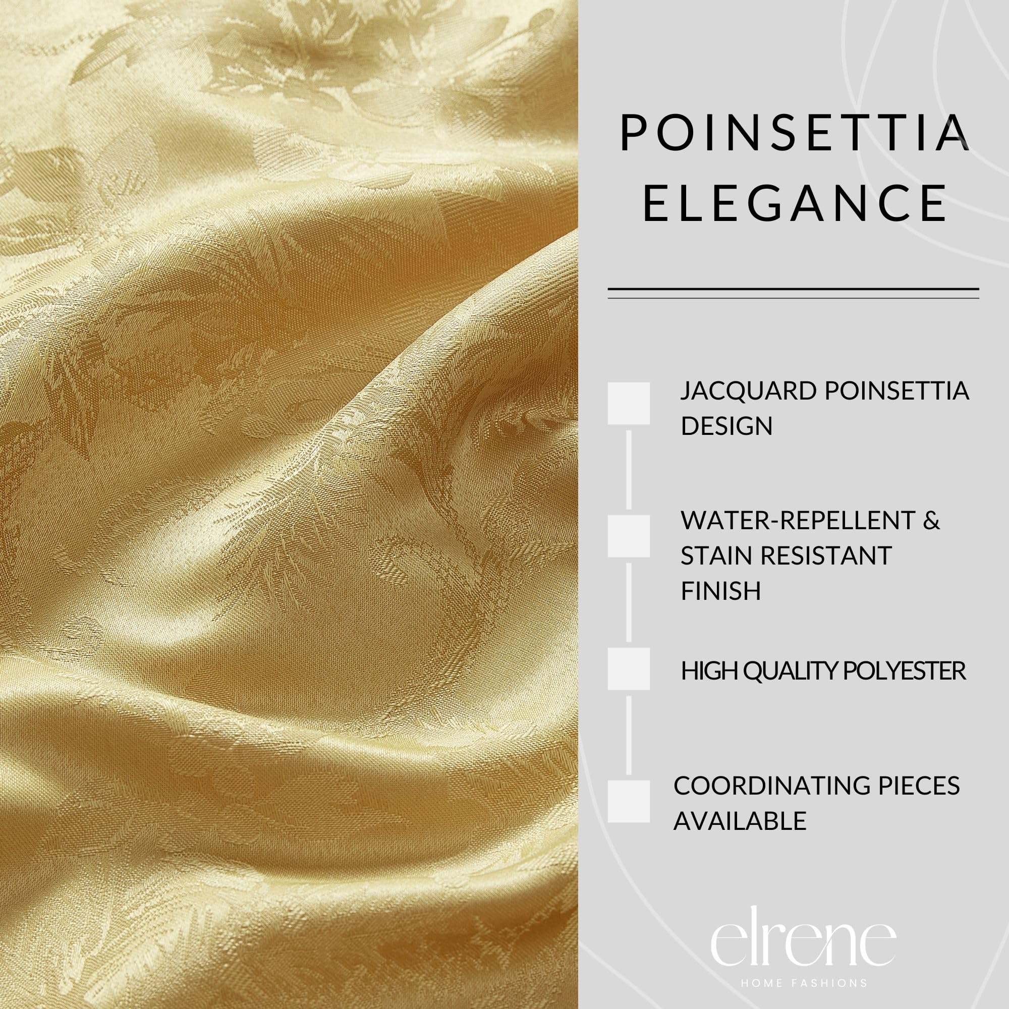 Elrene Home Fashions Poinsettia Elegance Jacquard Christmas/Holiday Cloth Dinner Napkins, Set Of 4, 17''X17'', Gold