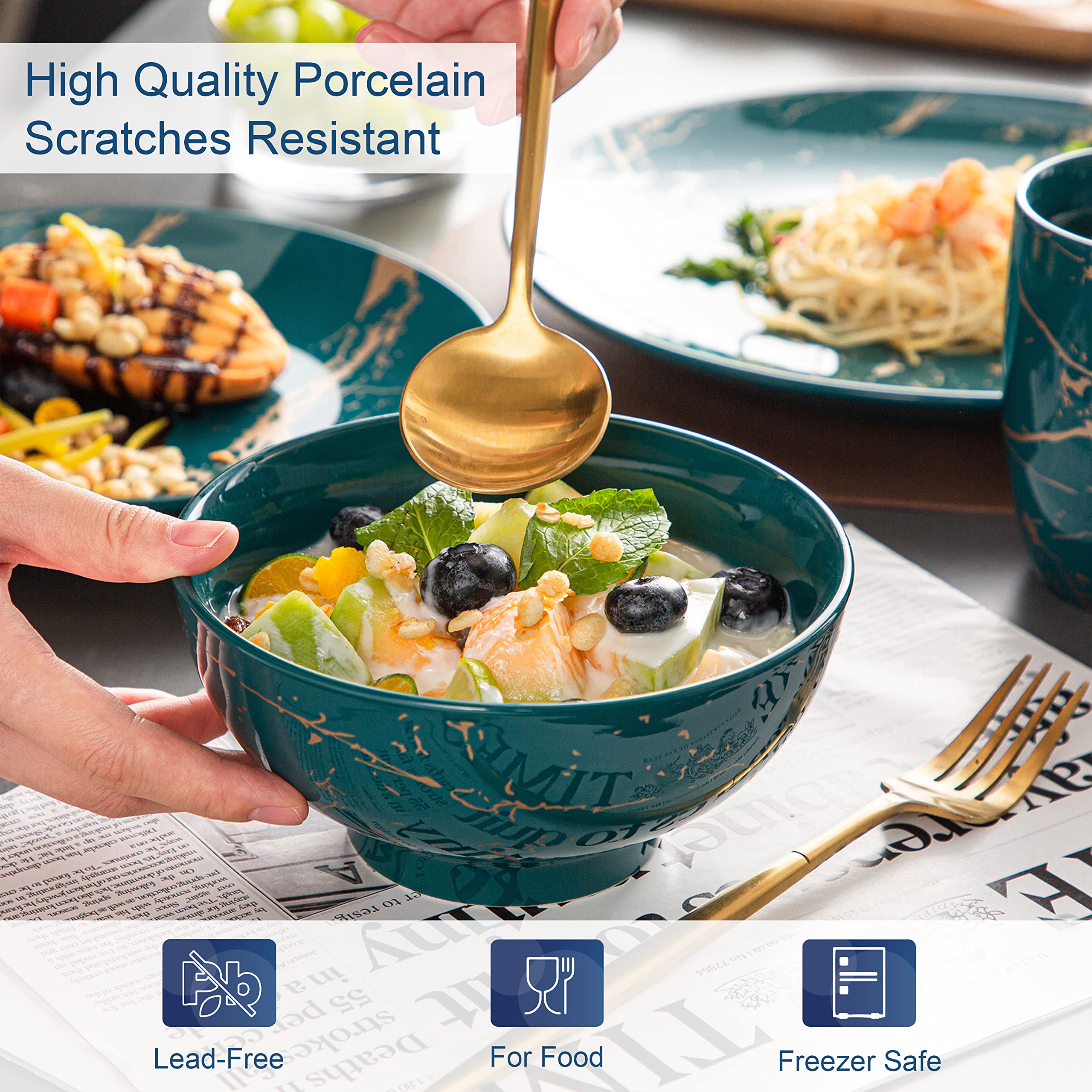 LOVECASA Porcelain Dinnerware Set for 4, 16 Piece Plates and Bowls Sets Color Glaze with Gold Plate Dish Set, Kitchen Dinner Set