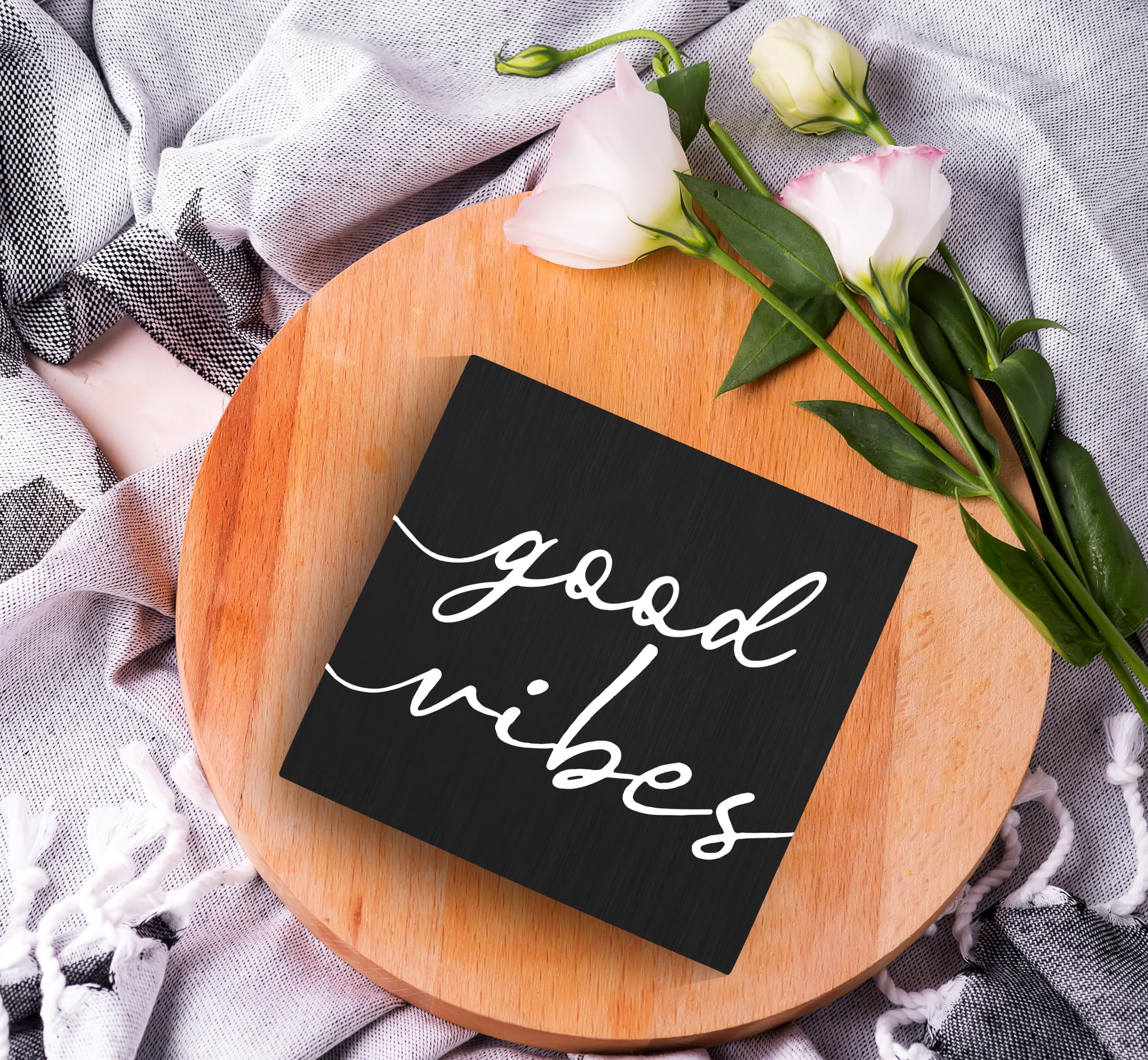 SRADMO Black and White Wood Box Sign Desk Decor 6x6, Inspirational Desk Decor Wooden Block Box Sign For Home Office Shelf Table