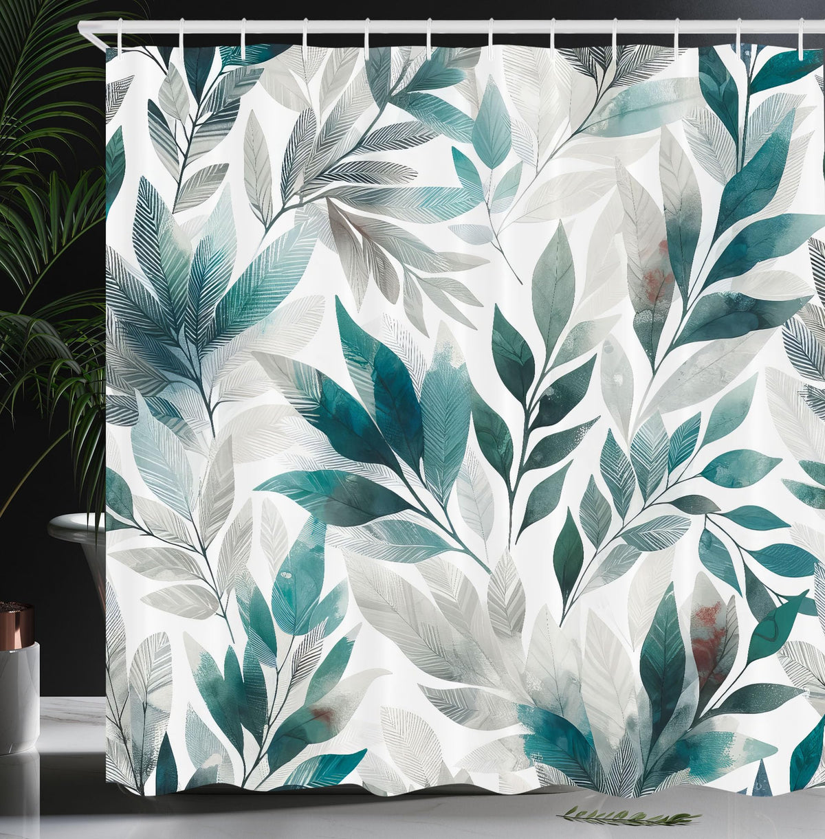 Ambesonne Teal Shower Curtain, Urban Jungle Theme Phantom Of Leaves Greenery On Plain Back Dreamy Exotics, Cloth Fabric Bathroom
