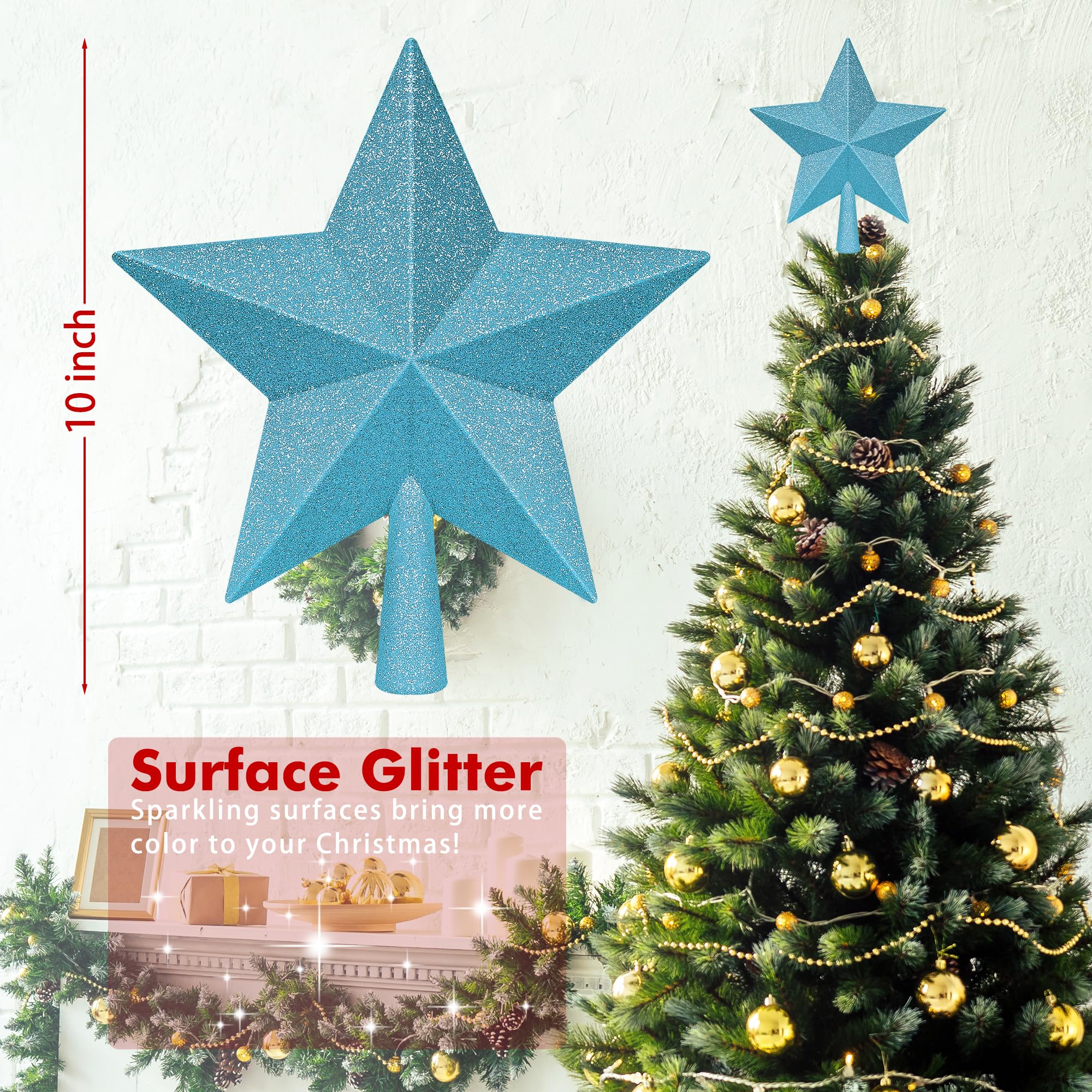 Christmas Tree Topper, Blue 10 3D Star Tree Topper Decorations, Large Christmas Tree Topper Bethlehem Star Ornament, Glitter Sha