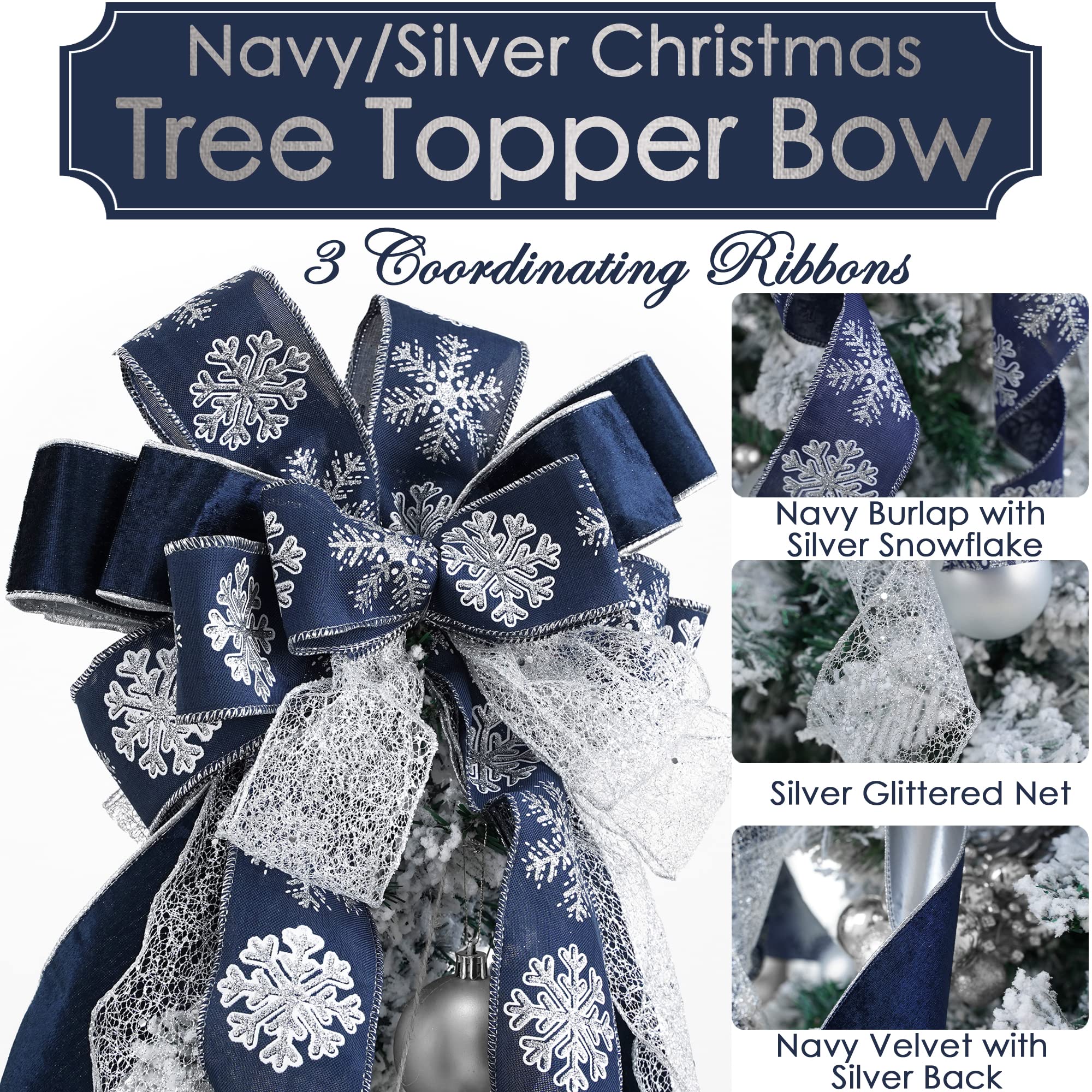 MEEDEE Navy Blue Tree Topper Navy Blue Christmas Tree Topper Bow 12 inch Wide Navy Blue Silver Glitter Yule Tree Wreath Bow Chri
