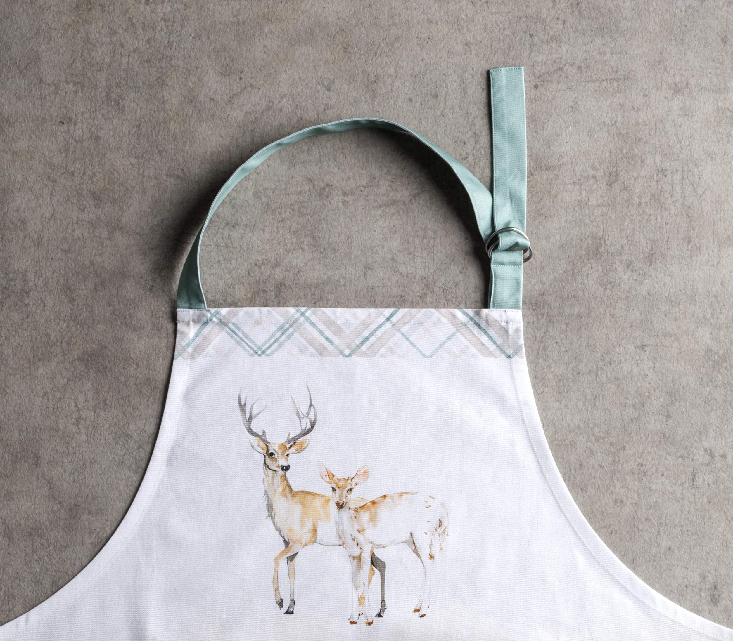 Maison D' Hermine Deer In The Woods 100% Cotton 1 Piece Kitchen Apron With An Adjustable Neck & Front Pocket With Long Ties For