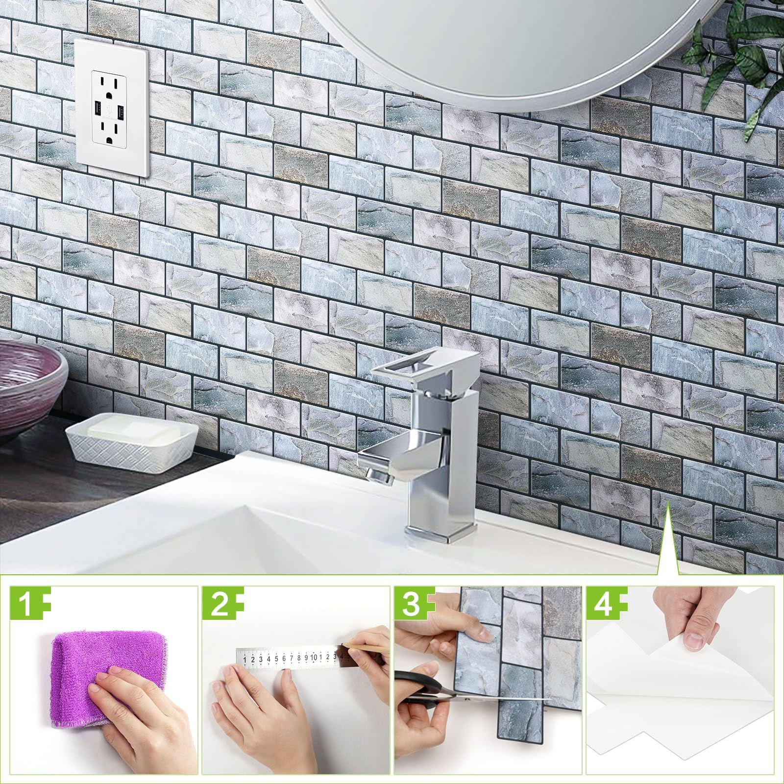 VANCORE 3D Vinyl Peel and Stick Backsplash - 10 Sheets Blue Waterproof Wallpaper with Marble Texture for Kitchen and Bathroom