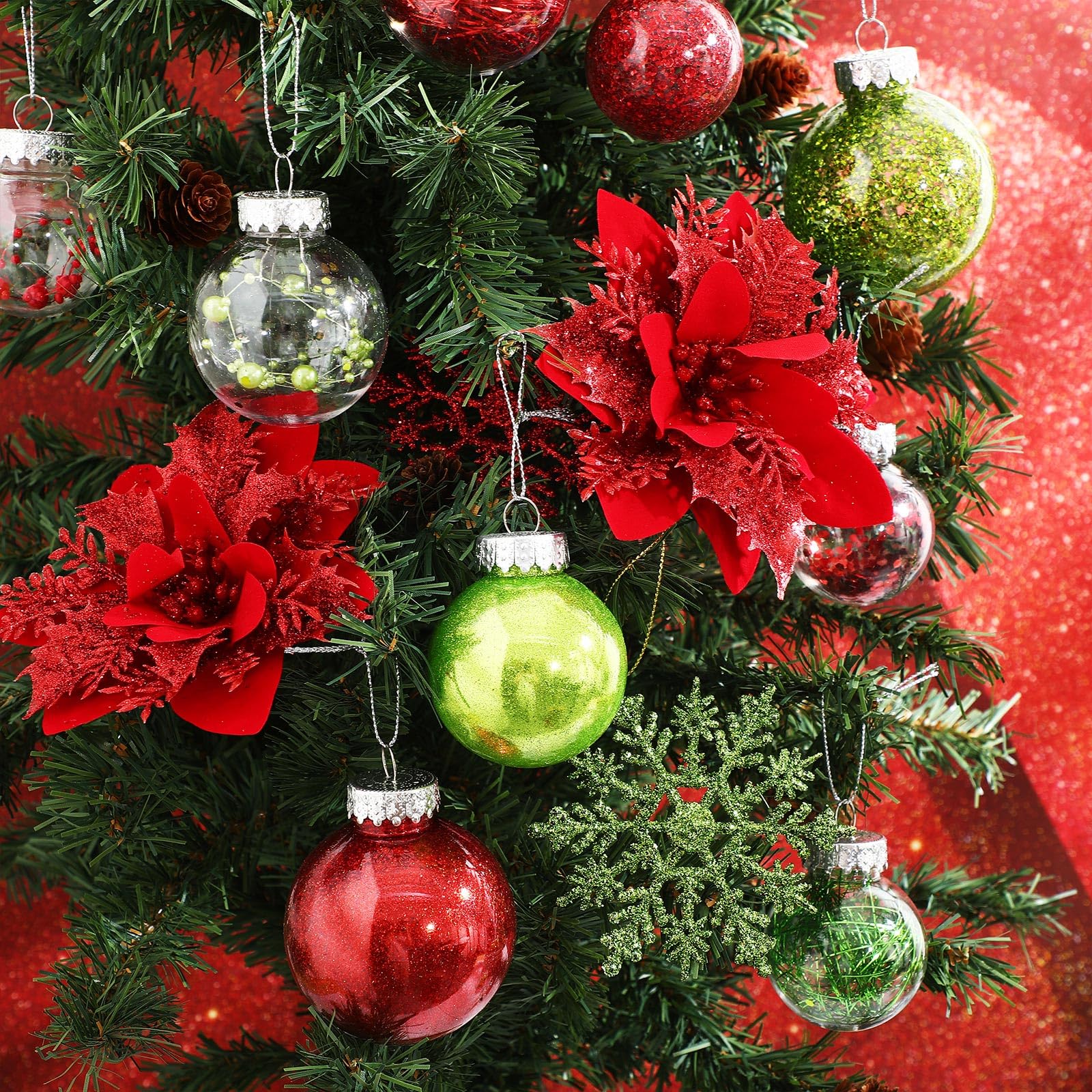 Jenaai 74 Pcs Christmas Ball Ornaments Set Plastic Shatterproof Christmas Tree Decorations with Hanging Snowflakes Ribbons Artif