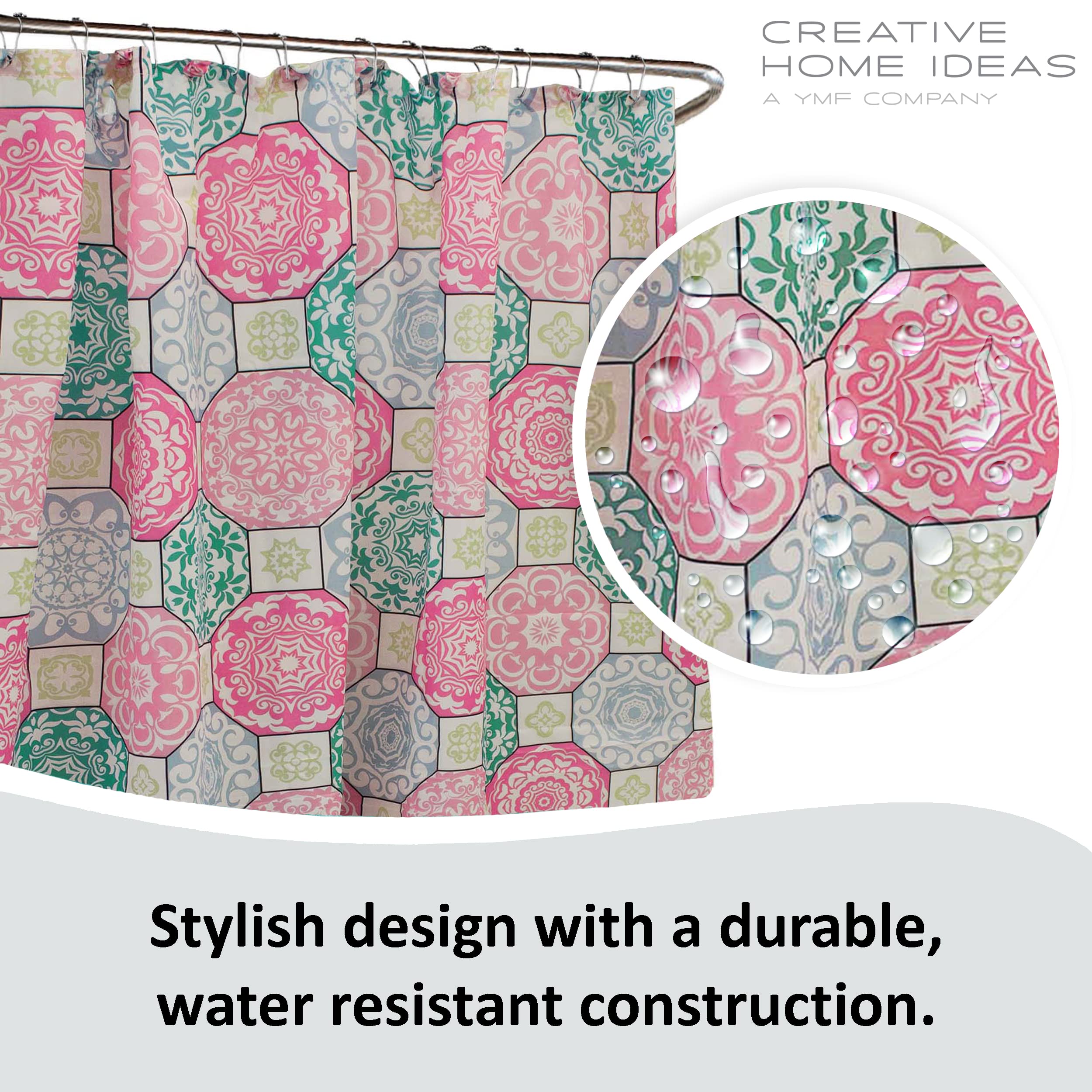 Creative Home Ideas 15-Piece Bathroom Shower Curtain Set - Set of 1 Shower Curtain & 12 Metal Hooks & 1 Bath Mat & 1 Contour Mat  Modern Bathroom D?or  Machine Washable  Addison Pink/Blue/Green