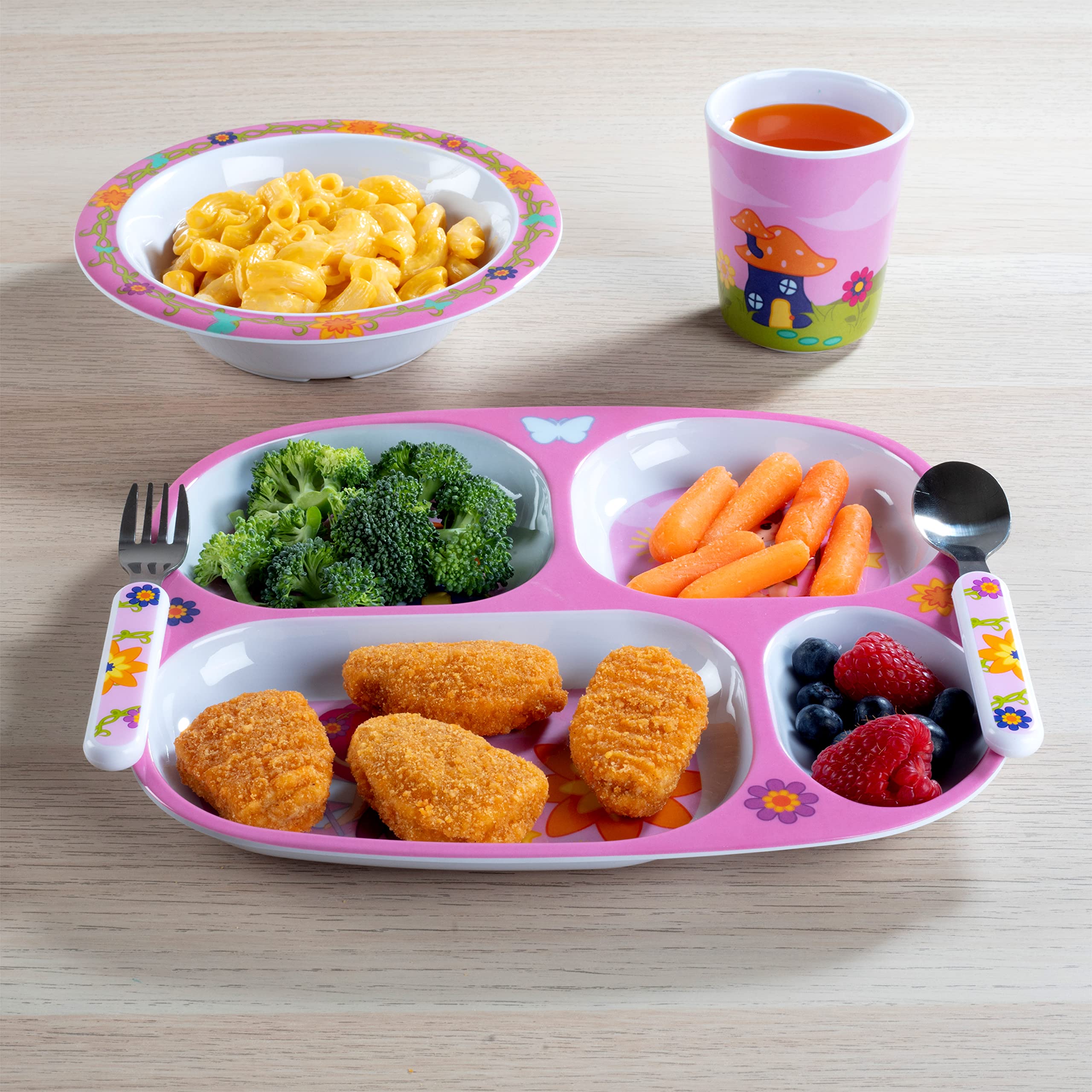 Bentology 5-Piece Construction Theme Mealtime Set - Includes Plate, Bowl, Utensils, and Glass - Dishwasher Safe, BPA Free, Cute