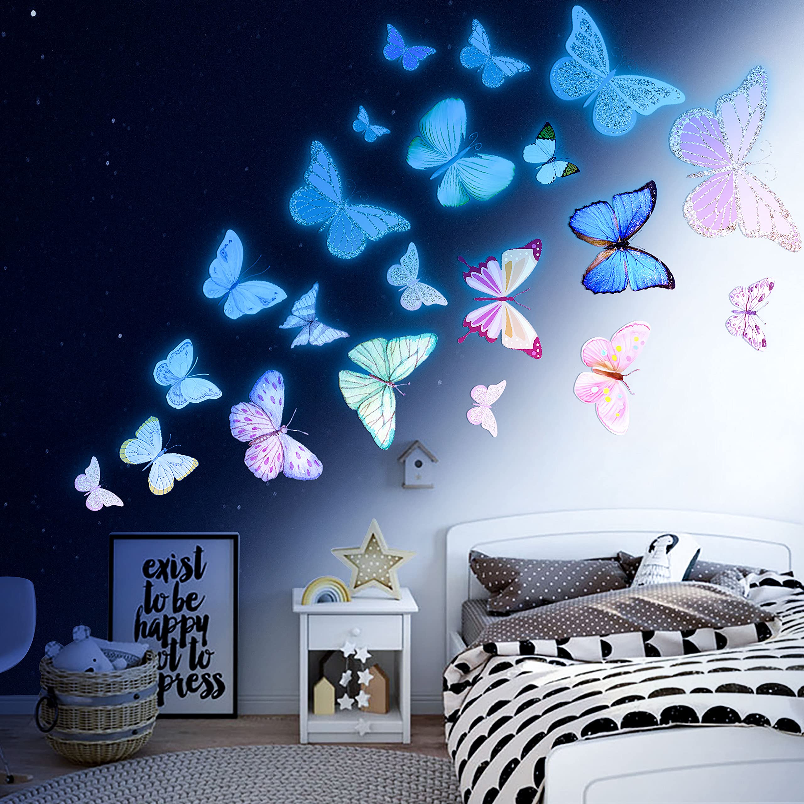 Glow Butterfly Wall Decor Stickers,58Pcs Luminous Butterfly Wall Decals Colorful Wall Art Butterfly Decor Diy Glow In The Dark W