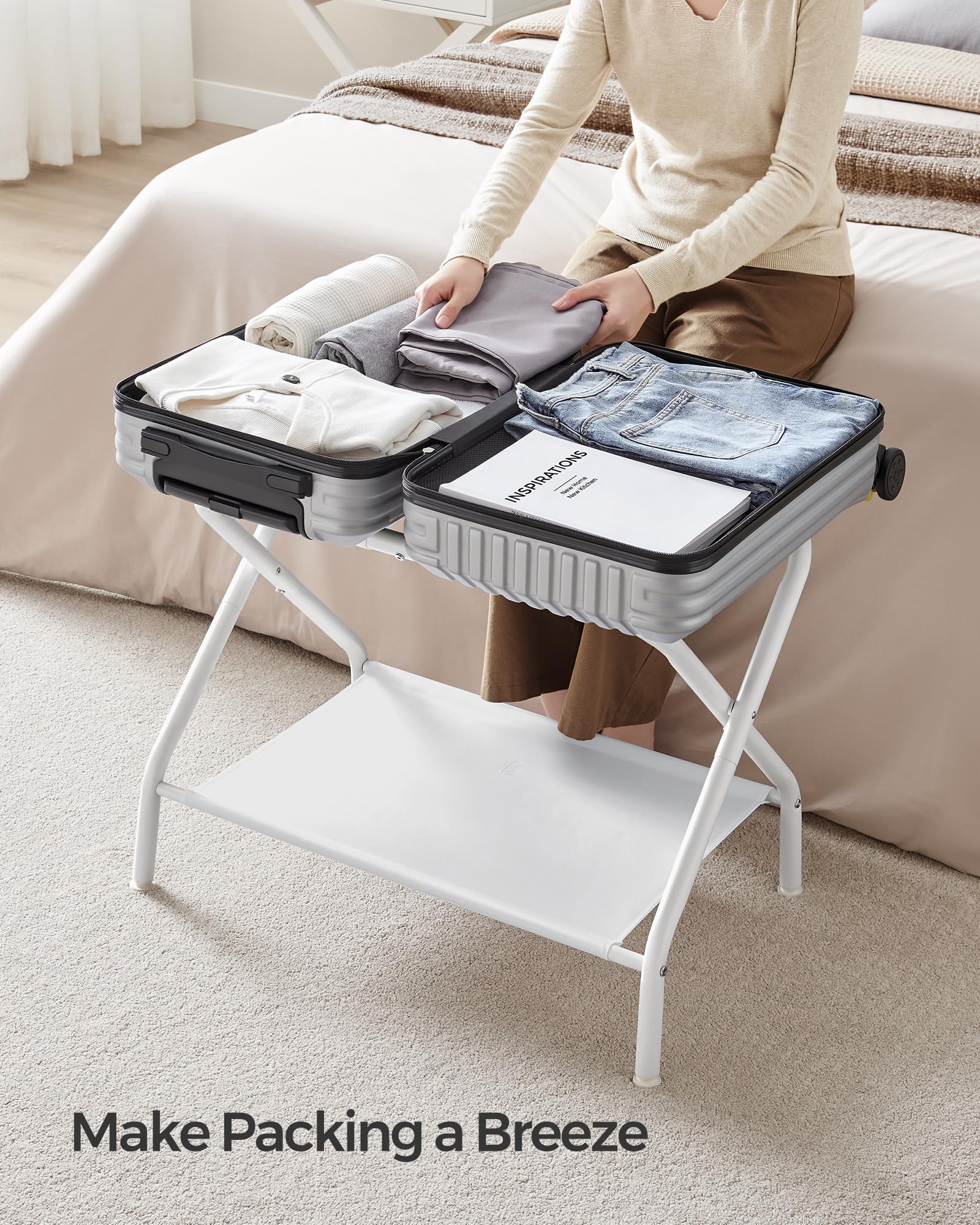 Songmics Luggage Rack, Suitcase Stand With Fabric Storage Shelf, For Guest Room, Bedroom, Hotel, Foldable, Holds Up To 110 Lb, 2