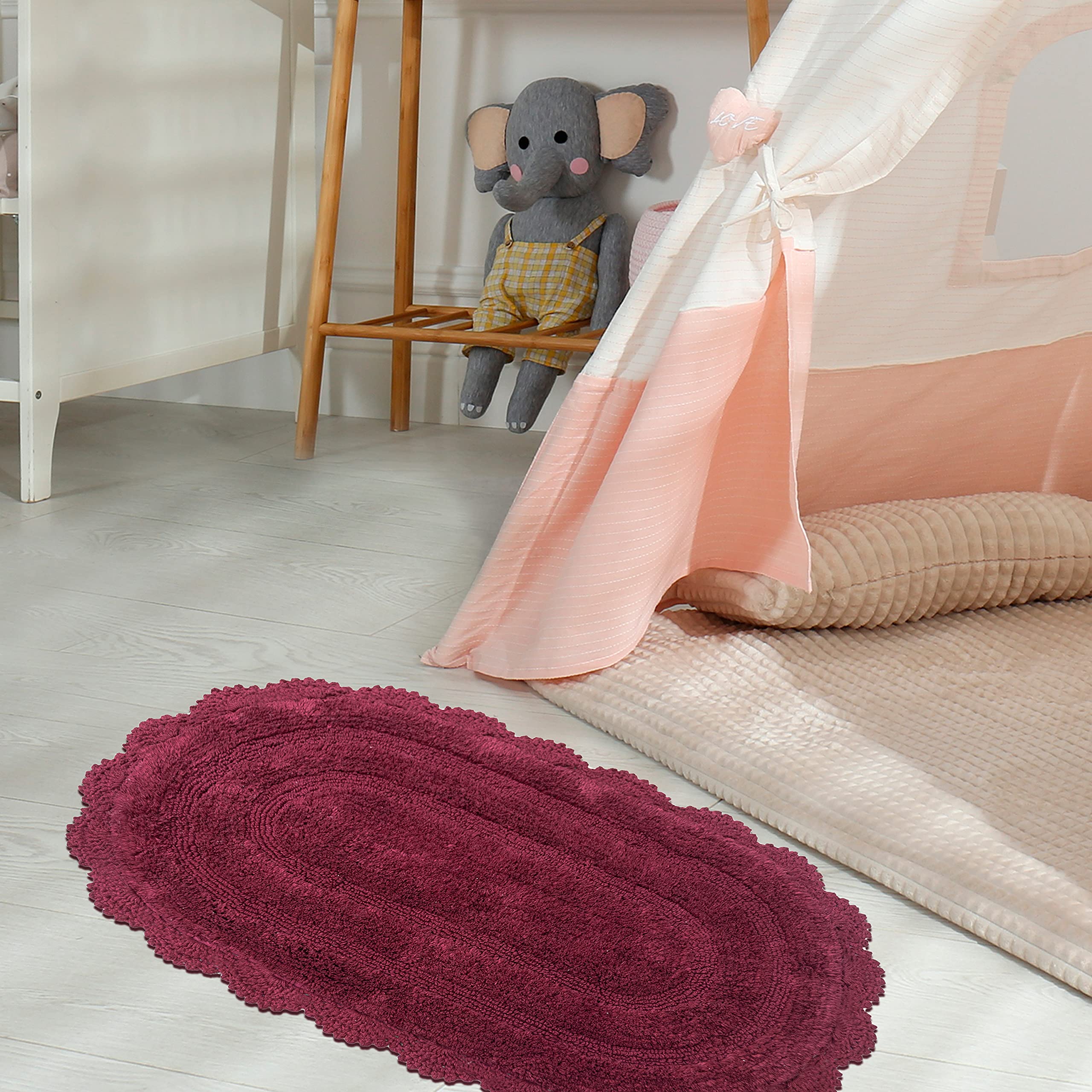 Chardin Home Burgundy Crochet Bathrug, 100% Cotton Oval Bathmat With Artisanally Handcrafted Crochet Border, 21X34 Inch, Medium