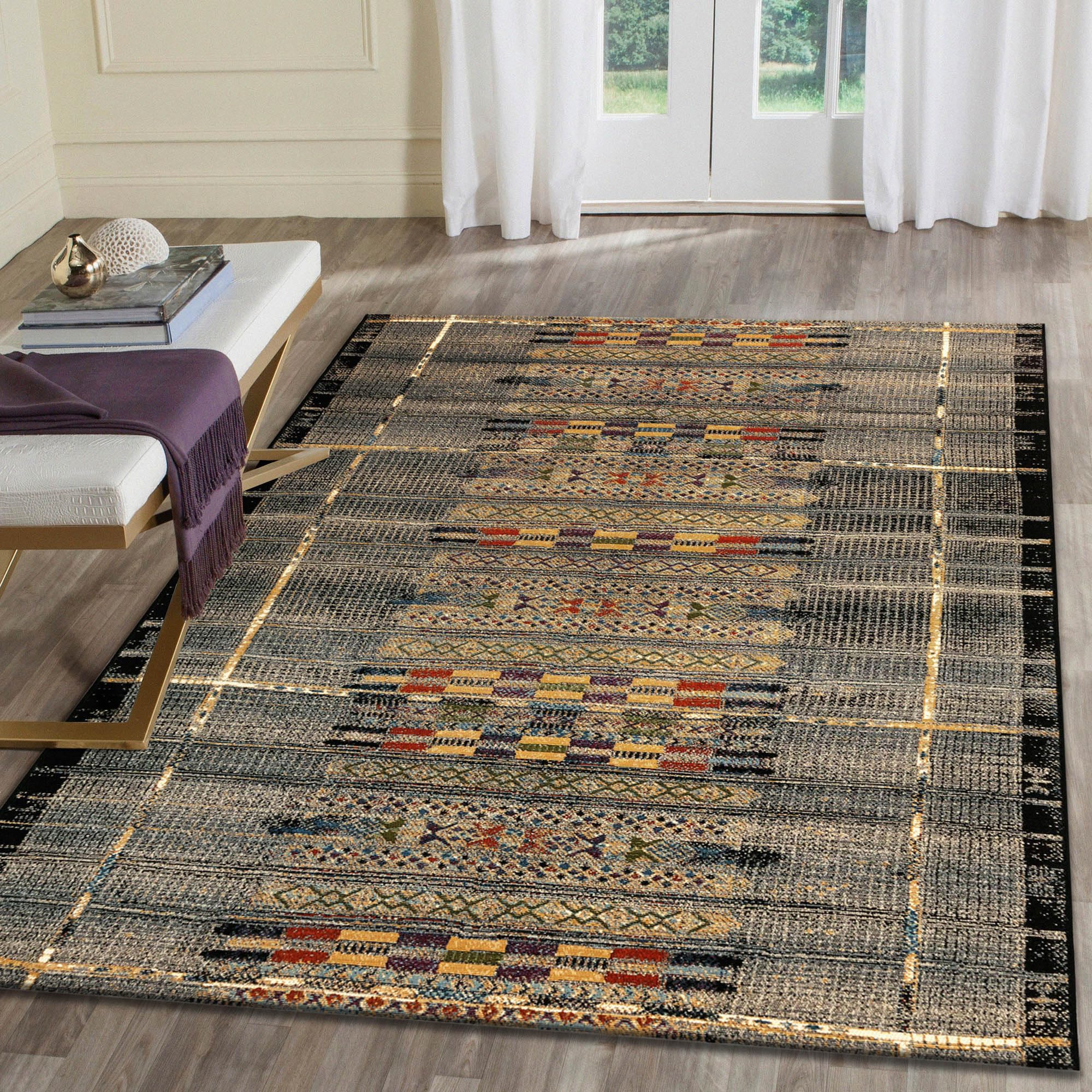 Liora Manne Marina Low Profile Durable Indoor/Outdoor Woven Rug- Tribal Stripe Black 710 x 910