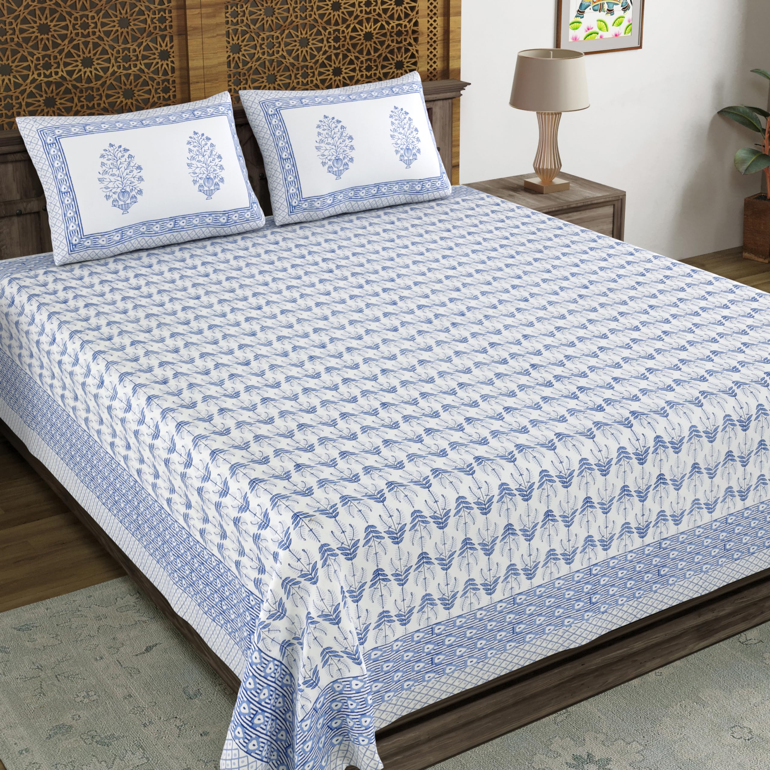 Blocks Of India Hand Block Printed 200 Tc Cotton King Size Bedsheet (Blue Leaf)