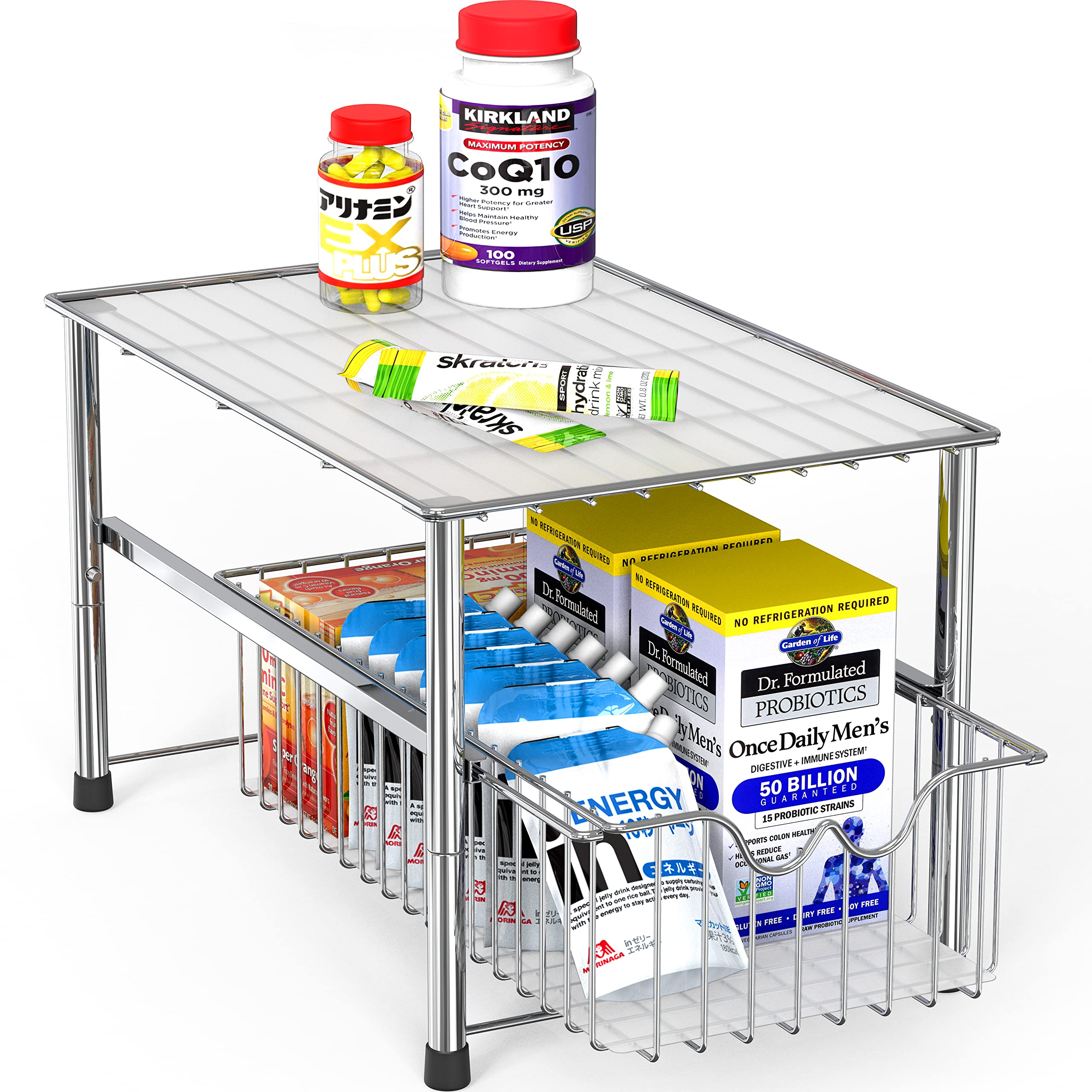 Deco Brothers Stackable Under Sink Organizer - Chrome Alloy Steel with Sliding Basket, Model BK-020-1