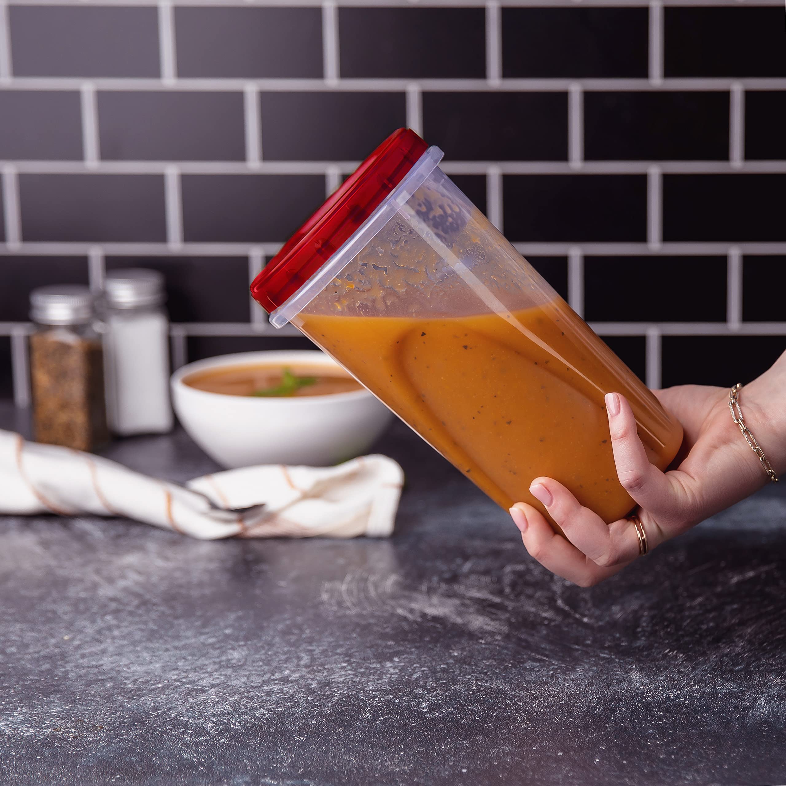 Plasticpro 48 Ounce Twist Top Deli Containers Clear Bottom With Red Top Twist On Lids Reusable, Stackable, Food Storage Freezer