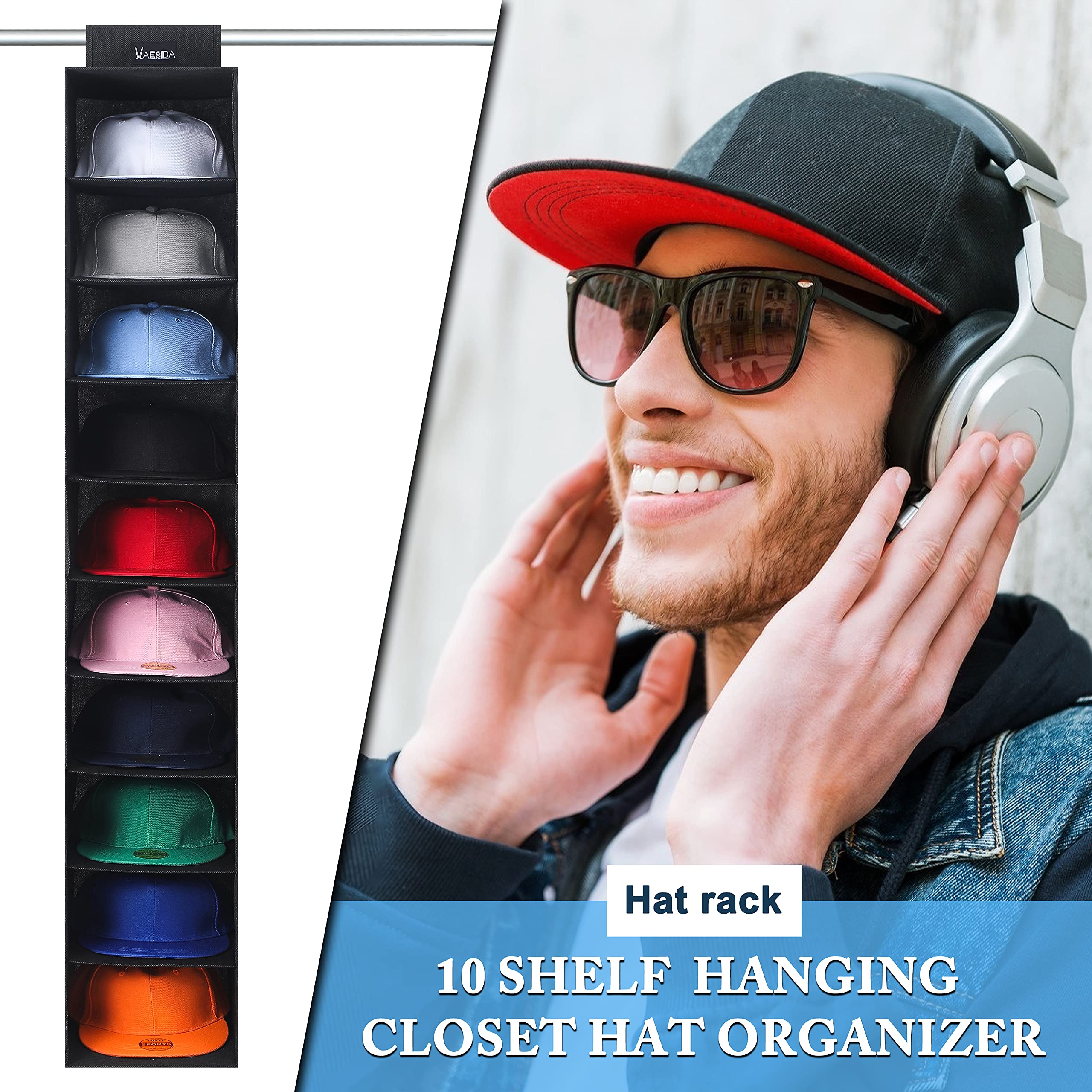 VAESIDA Hat Rack for Closet  10 Shelf Hanging Hat Organizer for Baseball Caps Storage  Hat Holder Organizer for Hat Display  Best Space Saving Hat Racks for Baseball Cap Organizer  Black