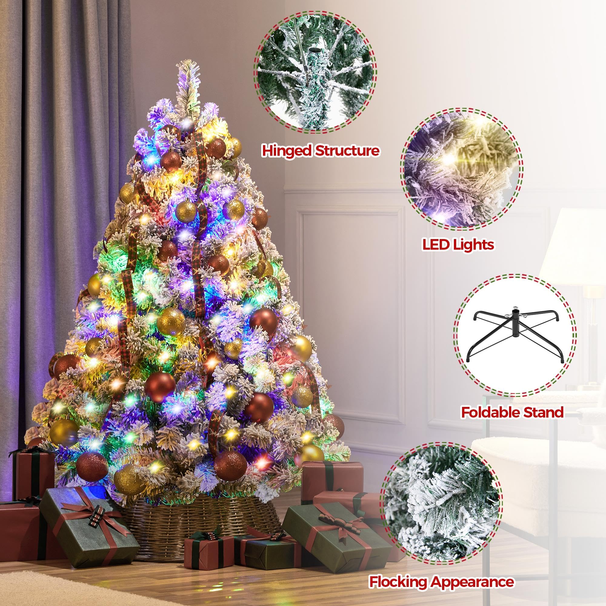 Yaheetech 4.5ft Pre-lit Spruce Artificial Christmas Tree Snow Flocked Hinges Tree with 100 Multicolor LED Lights & 340 Branch Ti