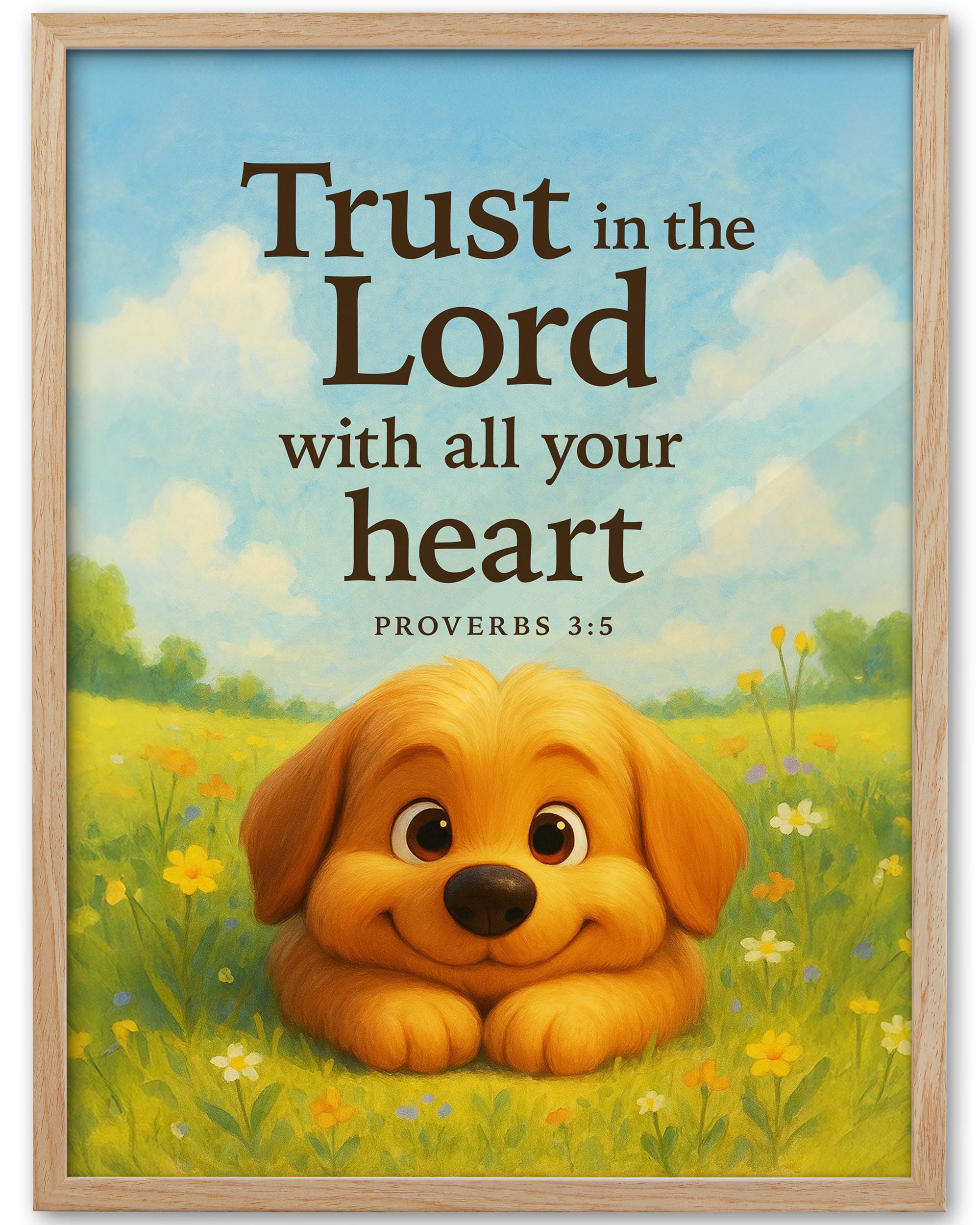 Kenstro Natural Oak Wood Trust In God Framed Wall Art,12X16 Cute Cartoon Puppy Christ Bible Canvas Art,Trust In The Lord With Al