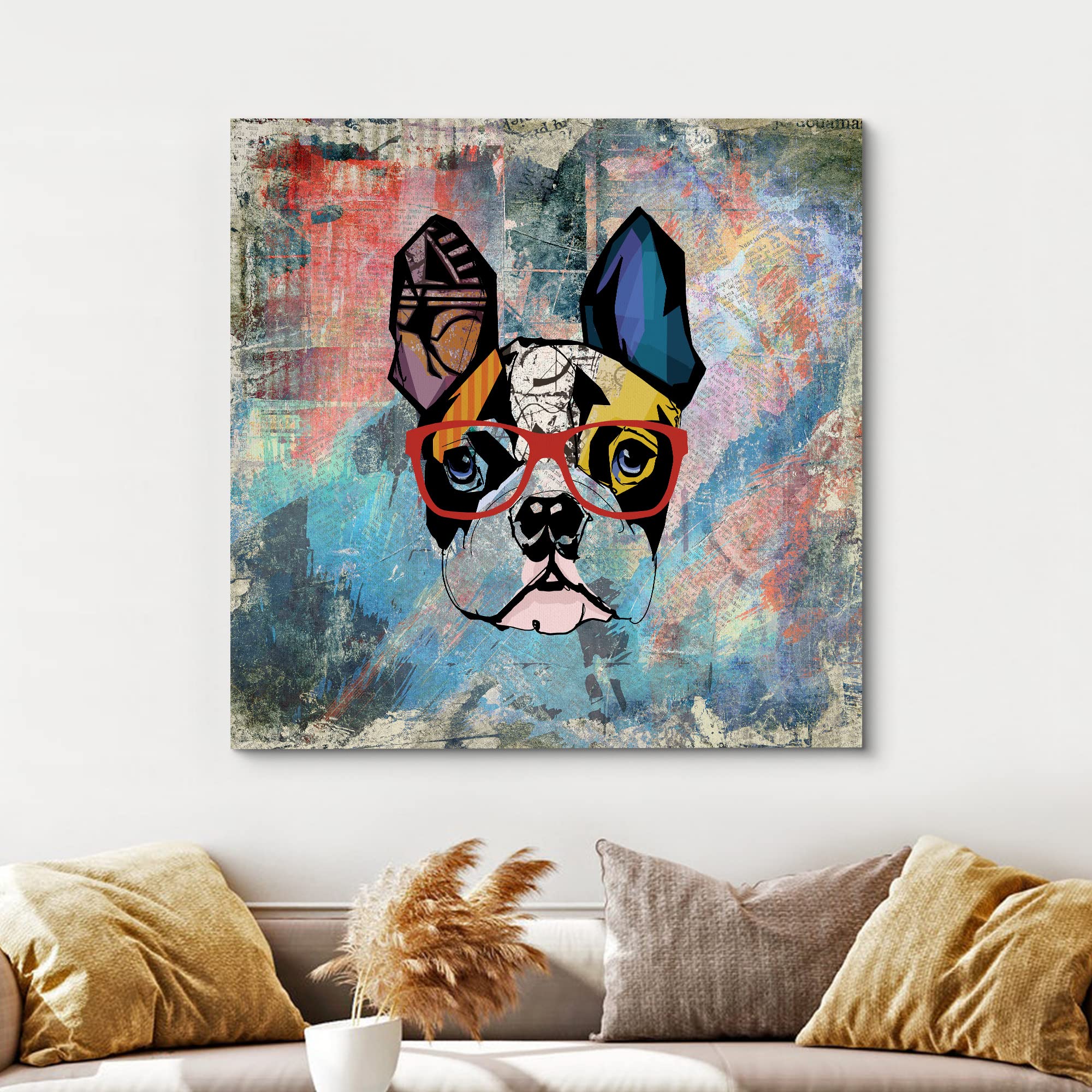 Wall26 Square Dog Series Canvas Wall Art - Colorful Painting Of A Dog With Glasses With Grunge Background - Giclee Print Gallery