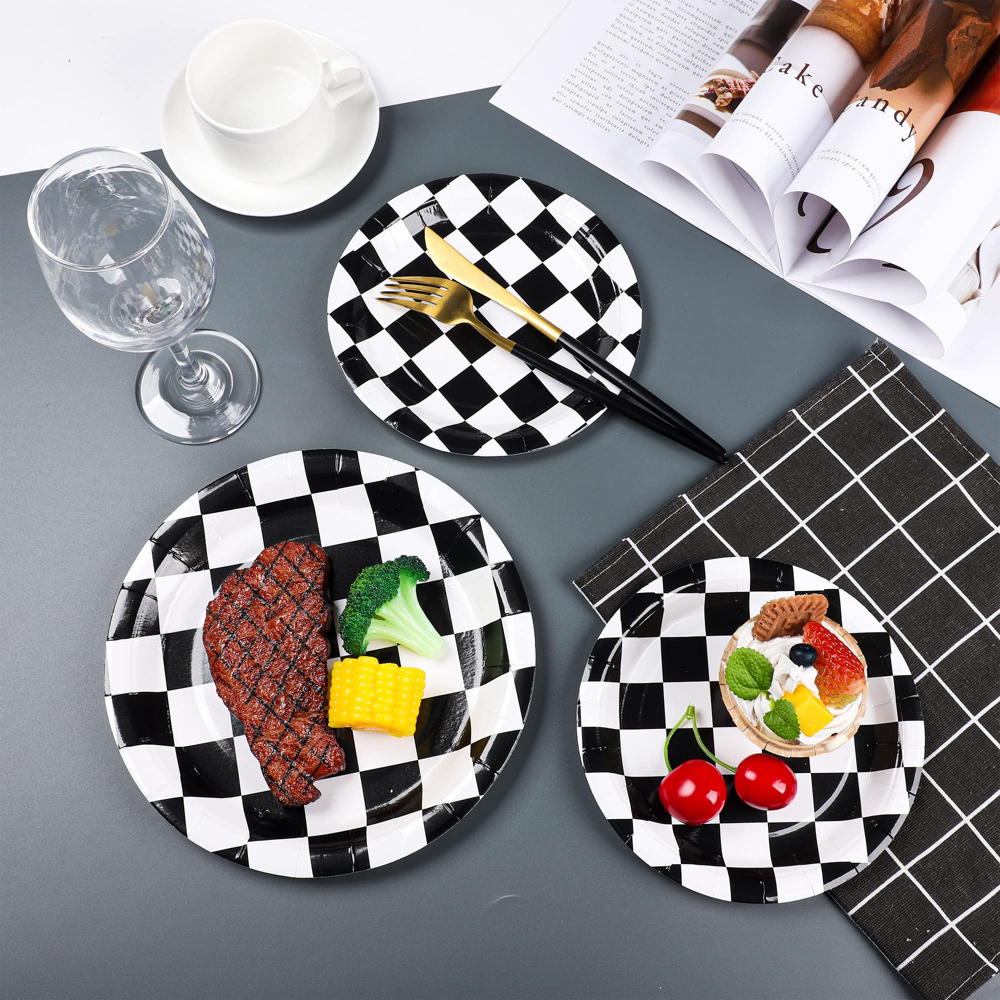 Racing Car Paper Plates Black And White Disposable Plates Checkered Flag Party Plates Round Dessert Dinner Paper Plate For Race