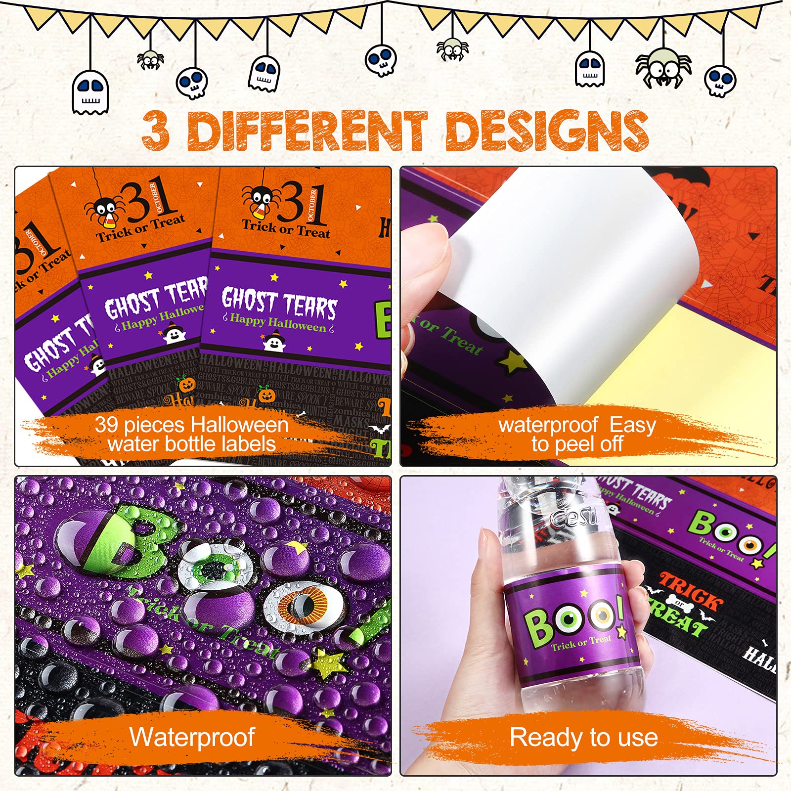 39 Pieces Halloween Water Bottle Labels Waterproof Water Bottle Sticker Wrappers Pumpkin Wrap Around Labels Trick Or Treat Bottl