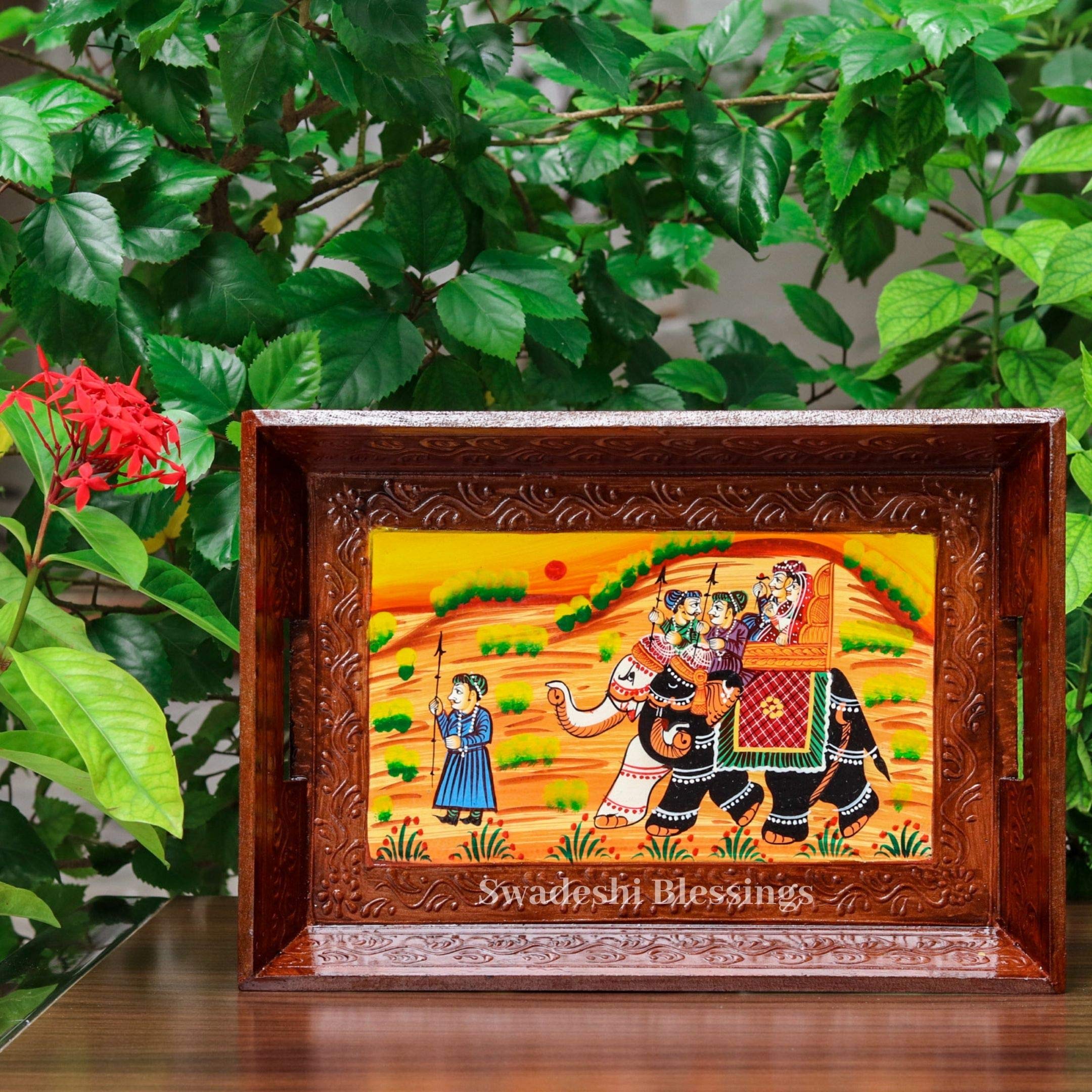 Swadeshi Blessings Wooden Serving Tray Set- Handcrafted & Hand-Painted For Kitchen/Table & Home Decor/Dinning/Gifts/Restaurants/
